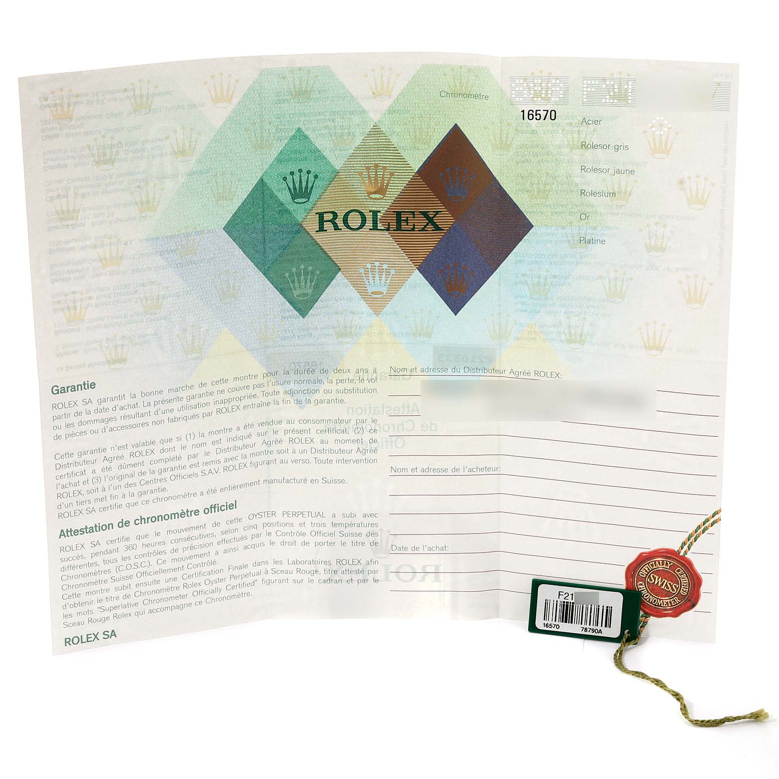 This image shows a warranty certificate and tag accessories for the Rolex Explorer 16570 Men
s Stainless Steel Black Dial 16570 Men
s Stainless Steel Black Dial model.