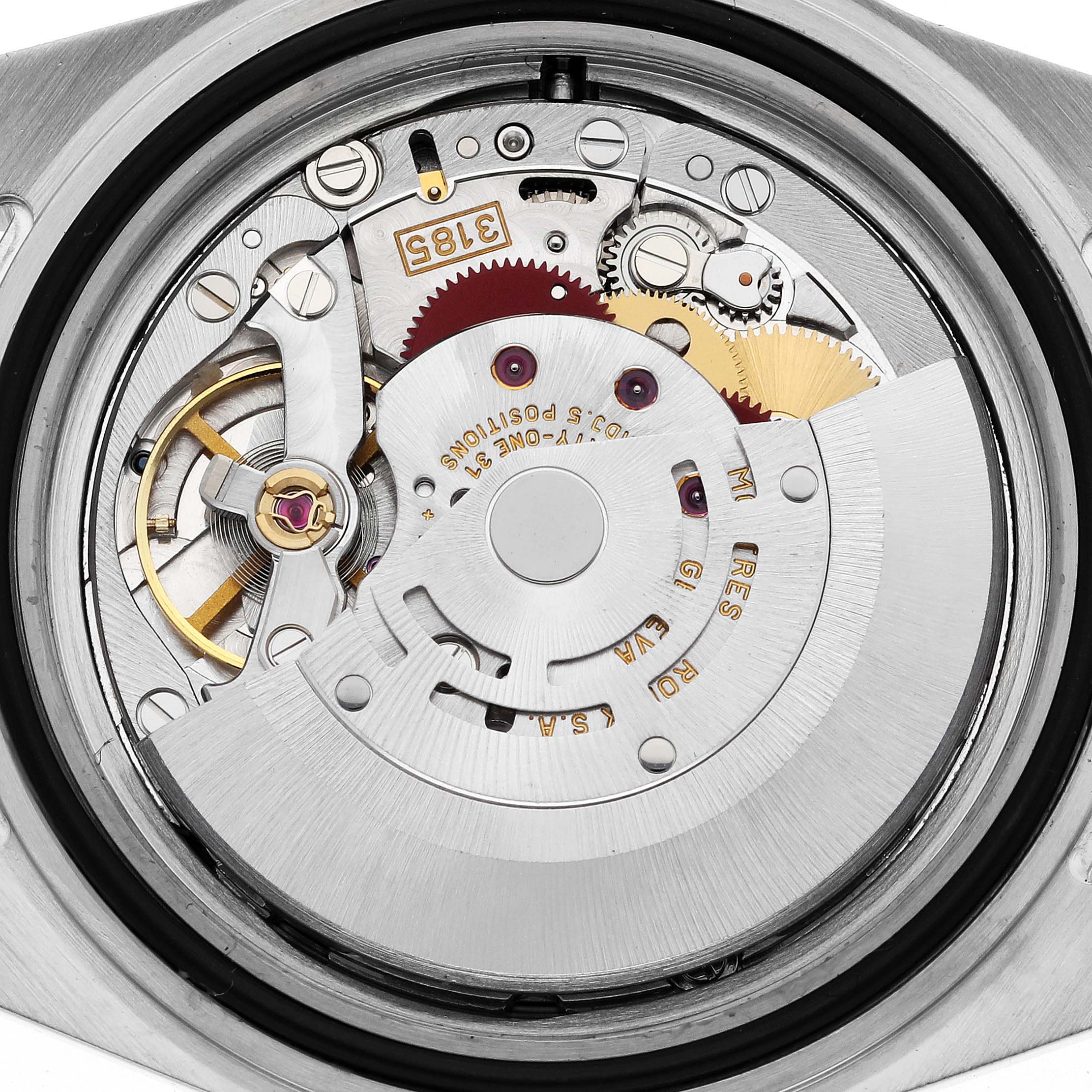 This image shows the movement of a Rolex Explorer 16570 Men
s Stainless Steel Black Dial 16570 Men
s Stainless Steel Black Dial watch from a back angle, revealing its intricate mechanical parts.