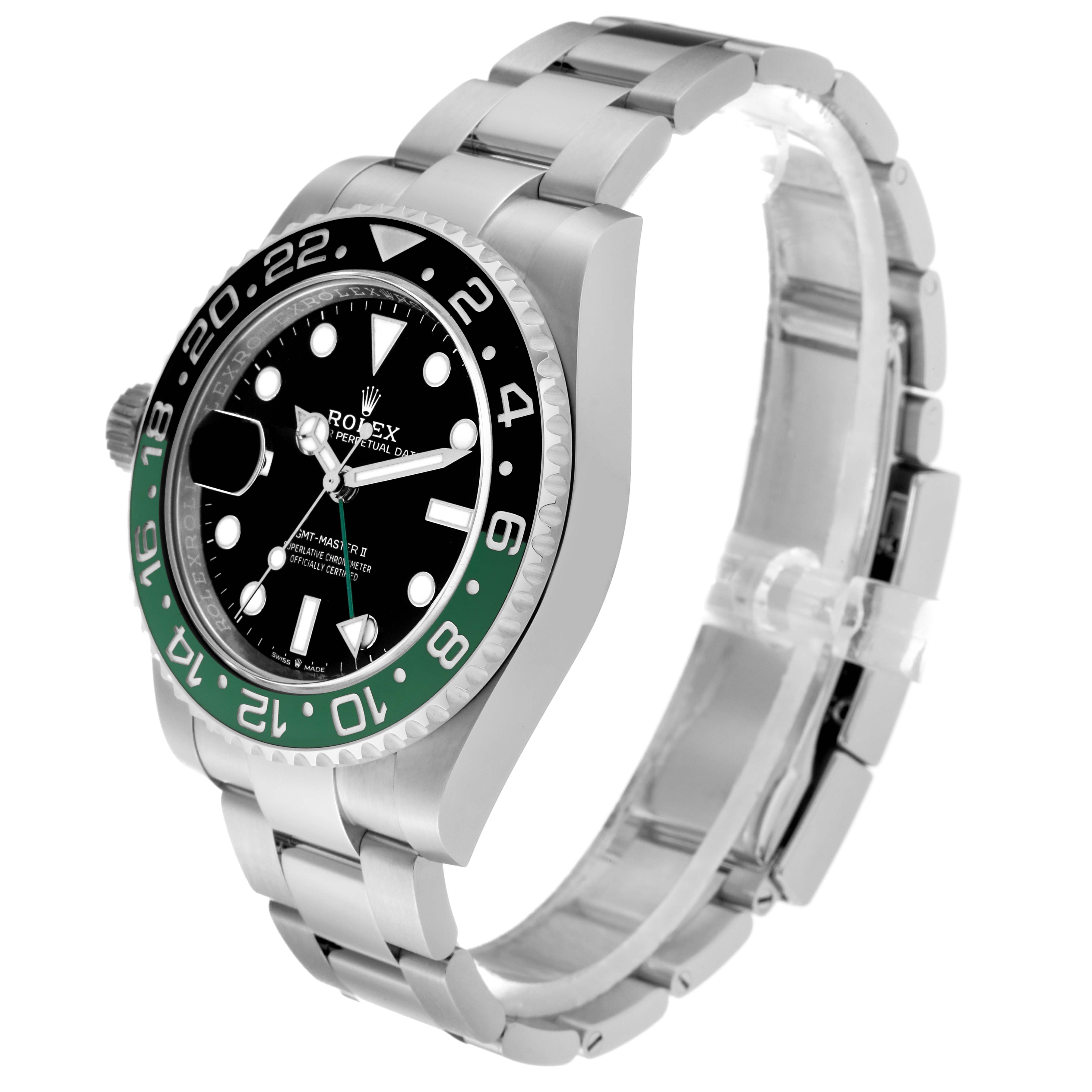 The image shows the front and side view of a Rolex GMT-Master 126720VTNR Men's Stainless Steel Black Dial 126720VTNR Men's Stainless Steel Black Dial watch, highlighting its bezel, dial, and bracelet.