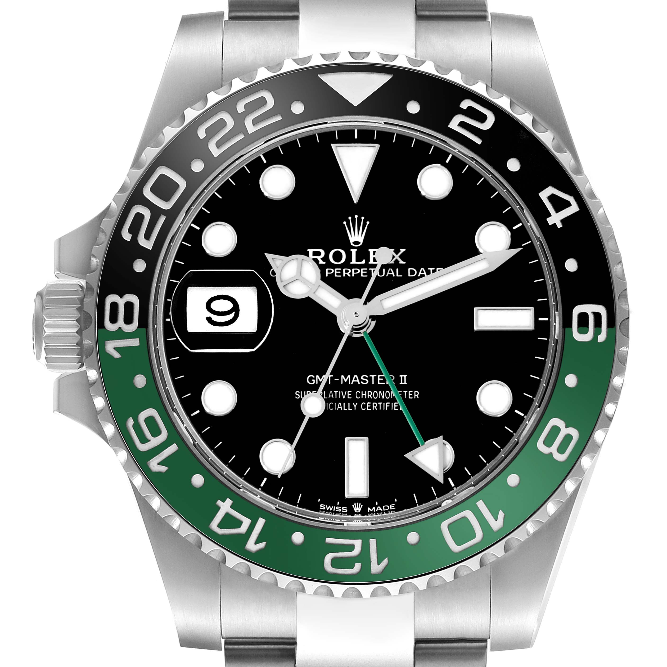 This image shows the face of a Rolex GMT-Master 126720VTNR Men's Stainless Steel Black Dial 126720VTNR Men's Stainless Steel Black Dial II watch, highlighting the black and green bezel, date window, and dial.