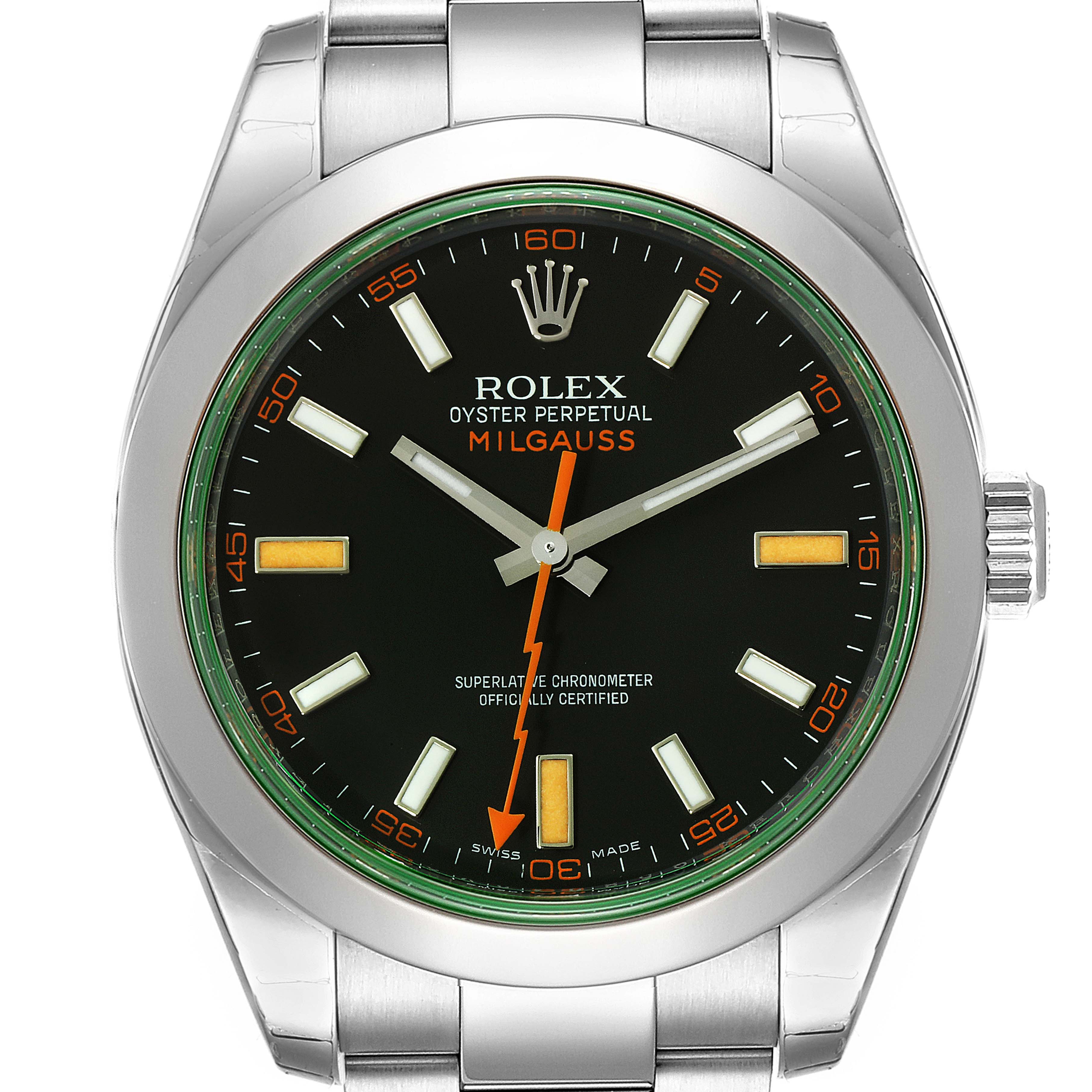 The image shows a front view of the Rolex Milgauss 116400GV Men
s Stainless Steel Black Dial 116400GV Men
s Stainless Steel Black Dial watch, highlighting its face, bezel, and bracelet.