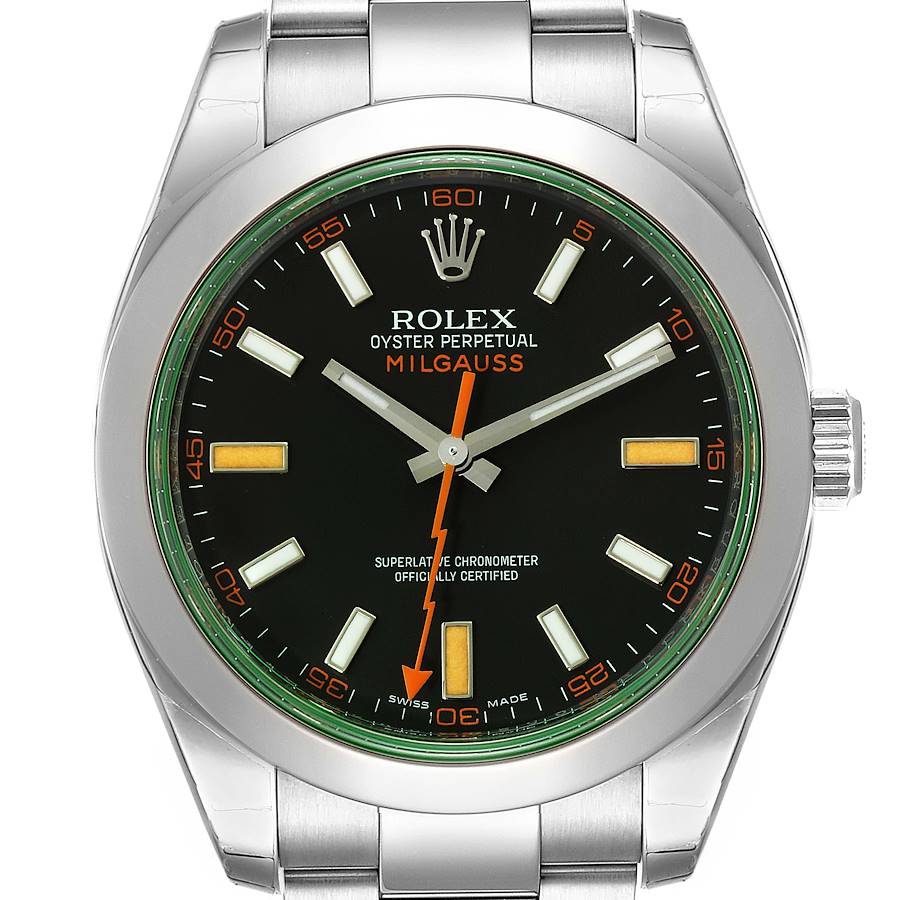 Rolex Milgauss Black Dial Green Crystal Steel Mens Watch 116400GV Unworn SwissWatchExpo