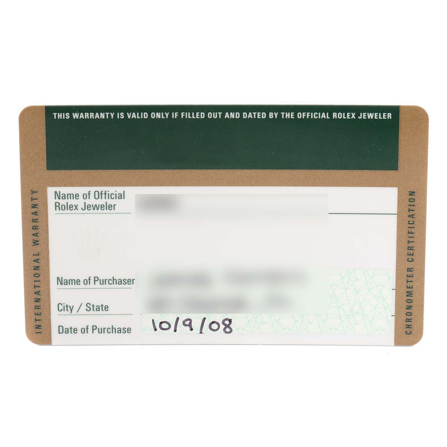 This image shows the warranty card for the Rolex Milgauss 116400GV Men
s Stainless Steel Black Dial 116400GV Men
s Stainless Steel Black Dial watch, detailing the date of purchase and other information.