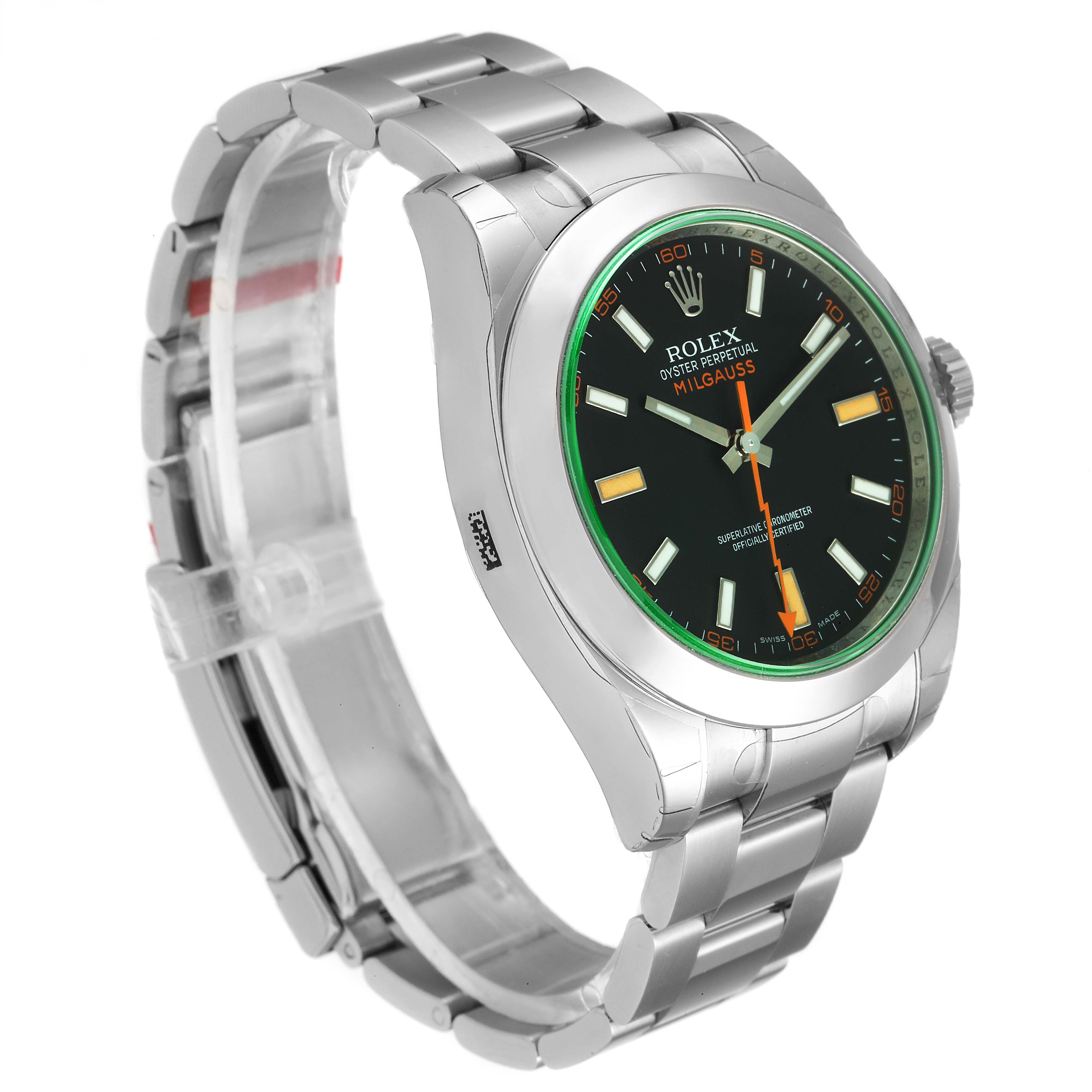 The Rolex Milgauss 116400GV Men
s Stainless Steel Black Dial 116400GV Men
s Stainless Steel Black Dial watch is shown at a three-quarter angle, highlighting its bracelet, dial, and bezel.