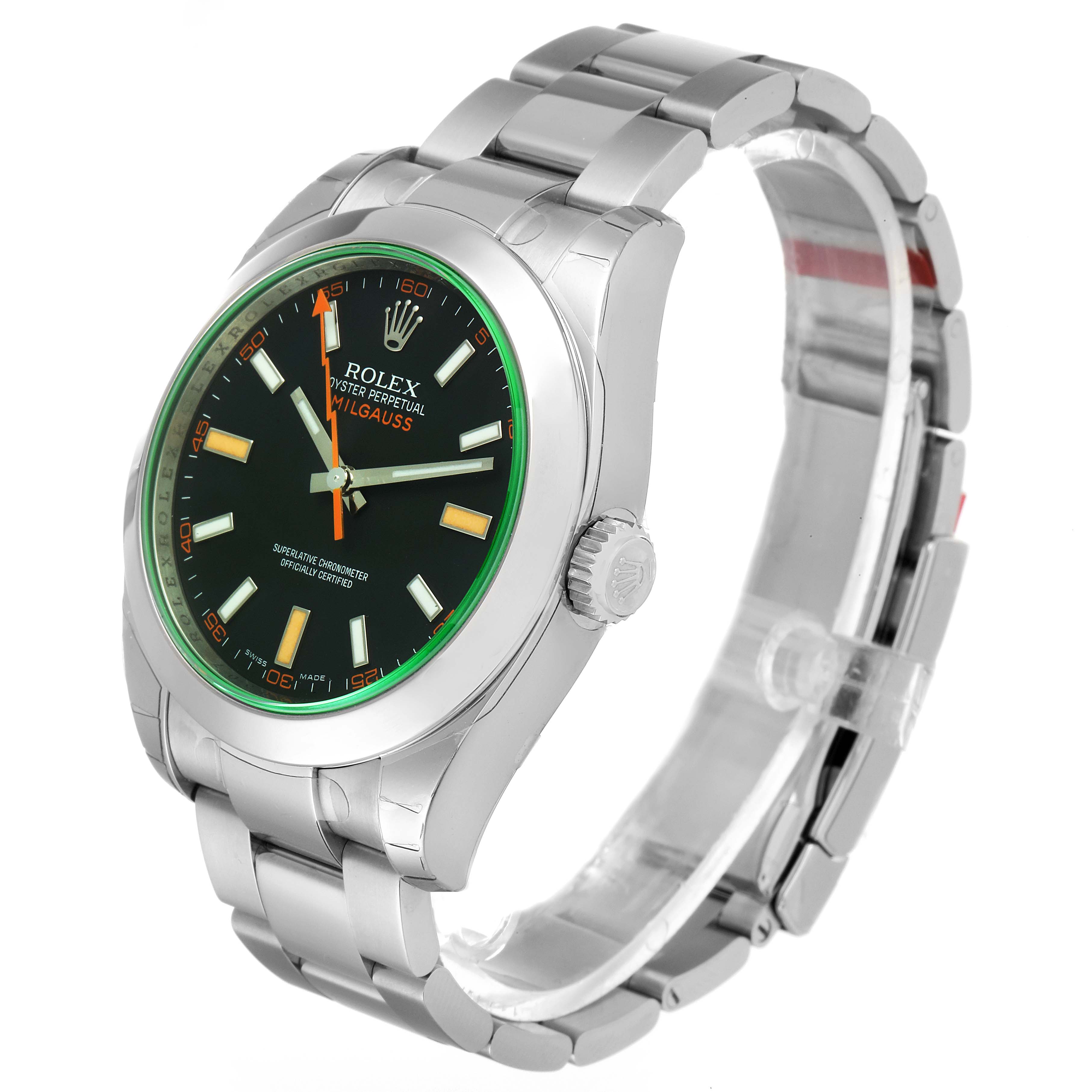 The image shows a Rolex Milgauss 116400GV Men
s Stainless Steel Black Dial 116400GV Men
s Stainless Steel Black Dial watch at a slight angle, displaying the face, crown, and stainless steel bracelet.