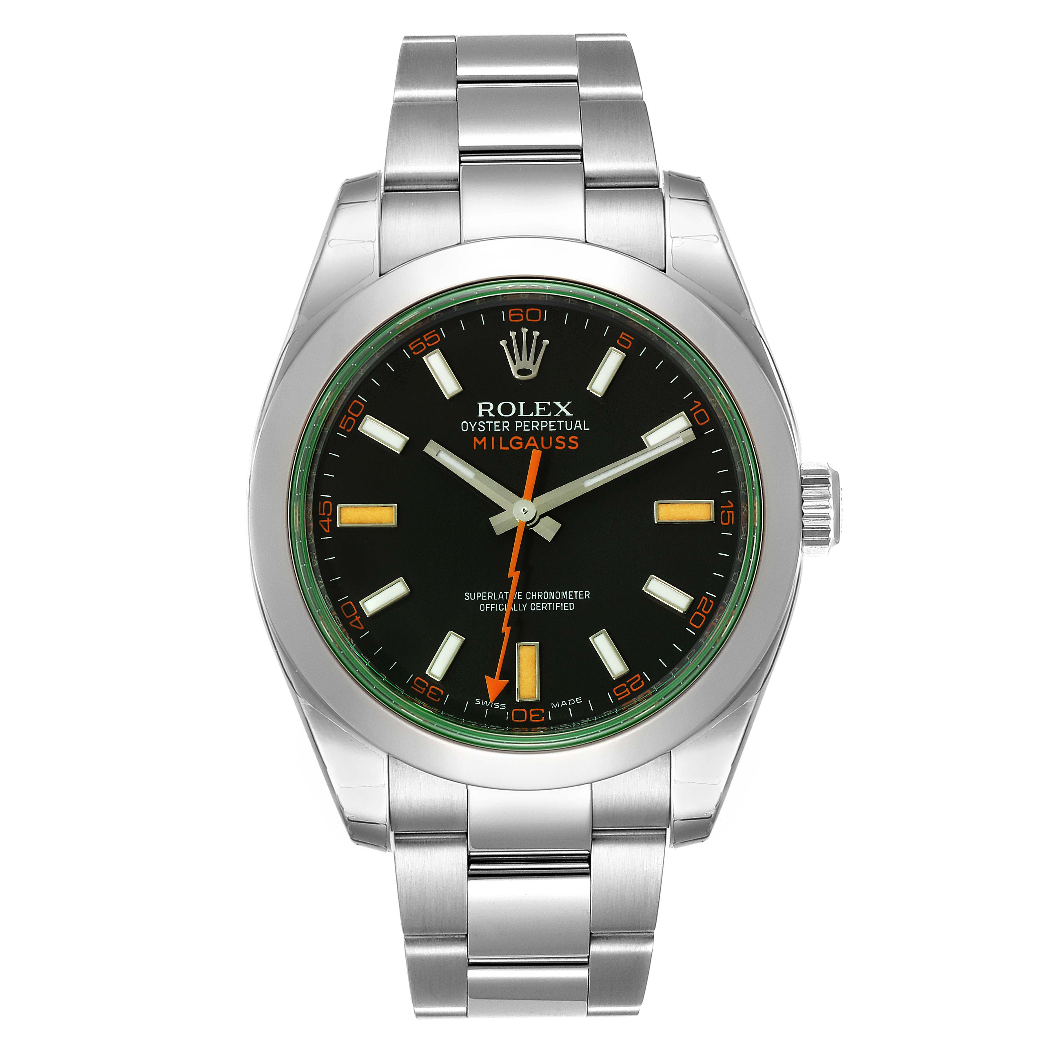 This front view image showcases the Rolex Milgauss 116400GV Men
s Stainless Steel Black Dial 116400GV Men
s Stainless Steel Black Dial watch with its stainless steel band and distinctive orange lightning bolt seconds hand.