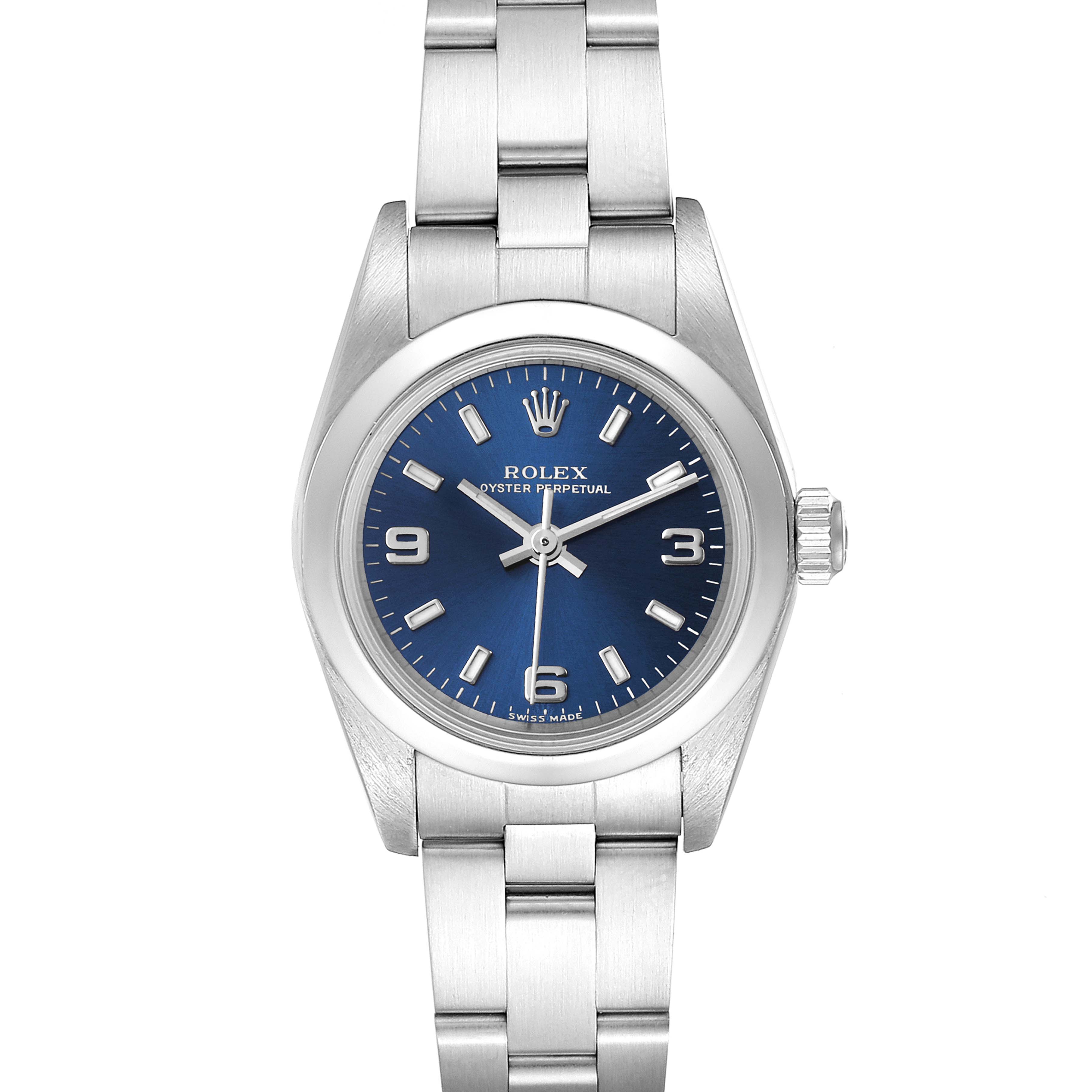 The image shows a front view of a Rolex Oyster Perpetual 76080 Women
s Stainless Steel Blue Dial 76080 Women
s Stainless Steel Blue Dial watch, highlighting the dial, bracelet, case, and crown.