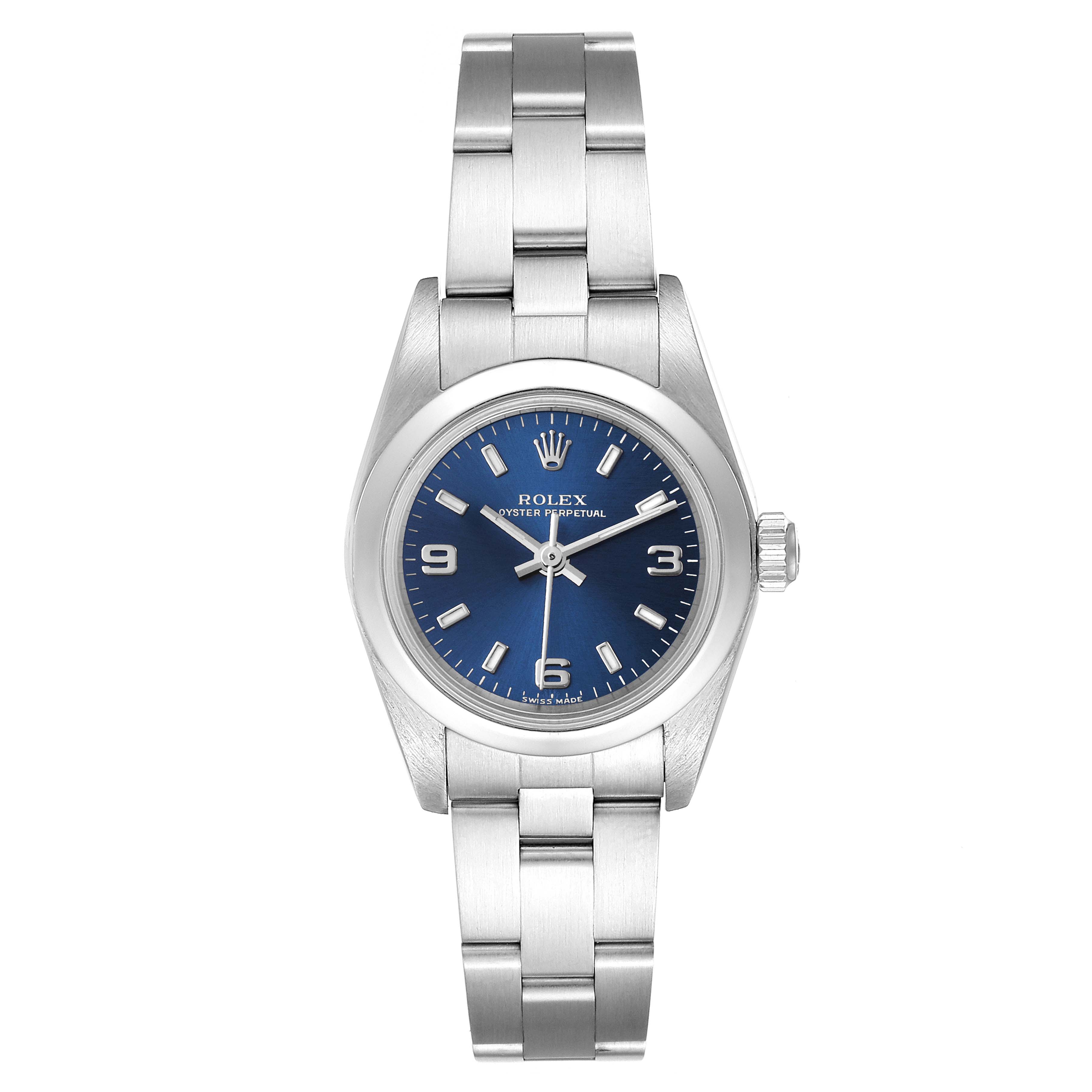 The image shows a Rolex Oyster Perpetual 76080 Women
s Stainless Steel Blue Dial 76080 Women
s Stainless Steel Blue Dial watch from a top-down angle, highlighting the face, bezel, and bracelet.