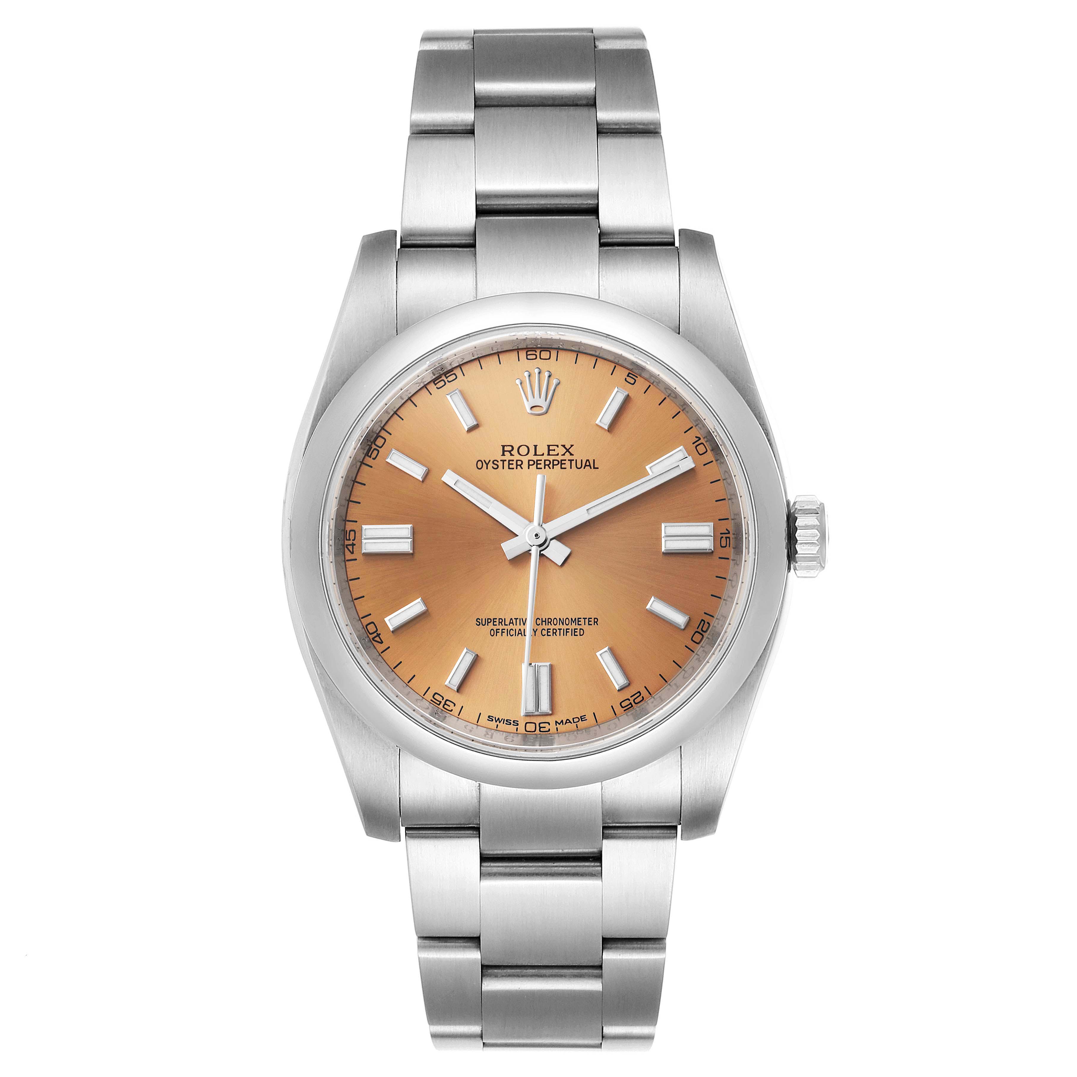 The image shows a front view of the Rolex Oyster Perpetual 116000 Men's Stainless Steel Champagne Dial 116000 Men's Stainless Steel Champagne Dial watch, displaying its dial, case, and bracelet.