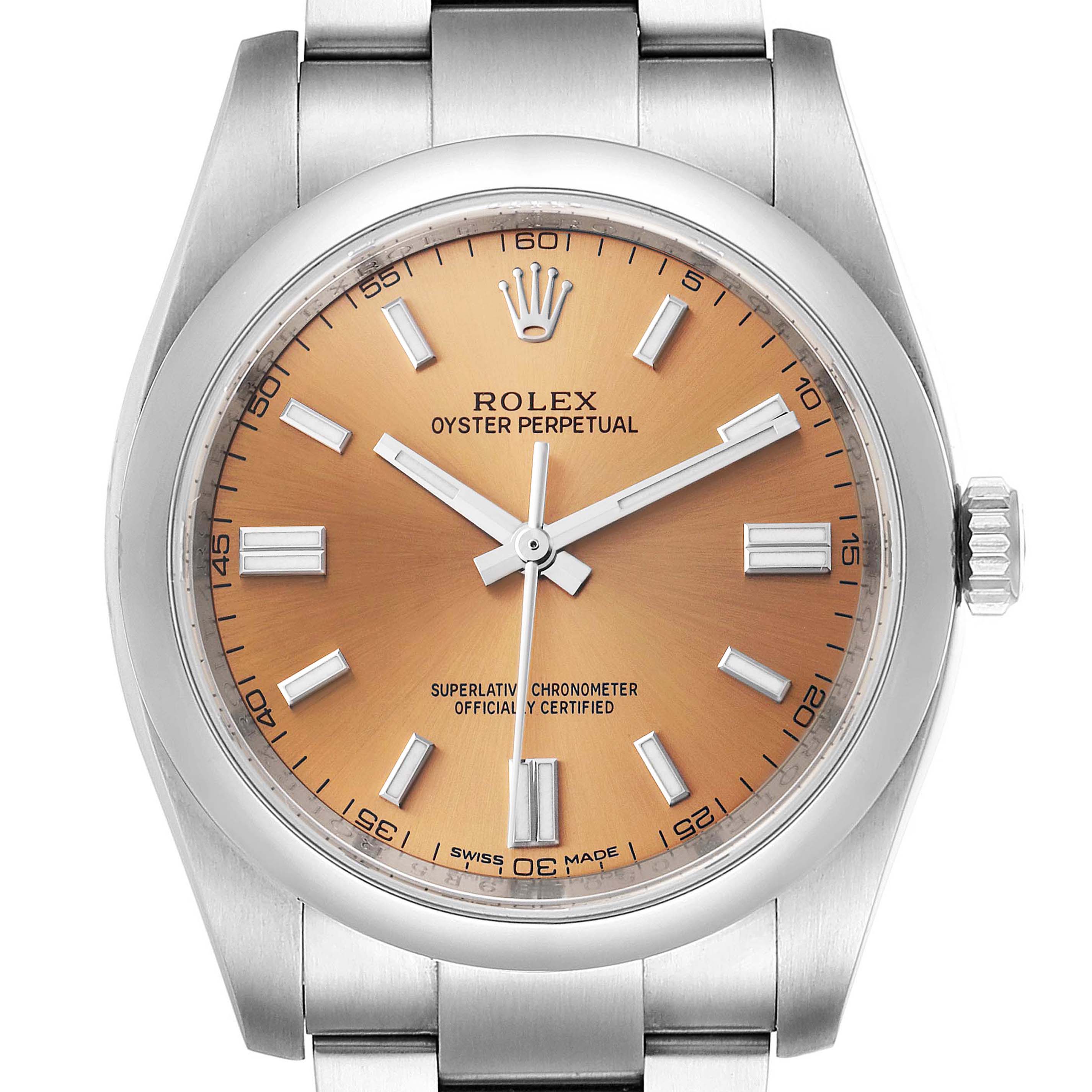This image shows a front view of the Rolex Oyster Perpetual 116000 Men's Stainless Steel Champagne Dial 116000 Men's Stainless Steel Champagne Dial watch, highlighting the dial, hands, bezel, crown, and part of the bracelet.