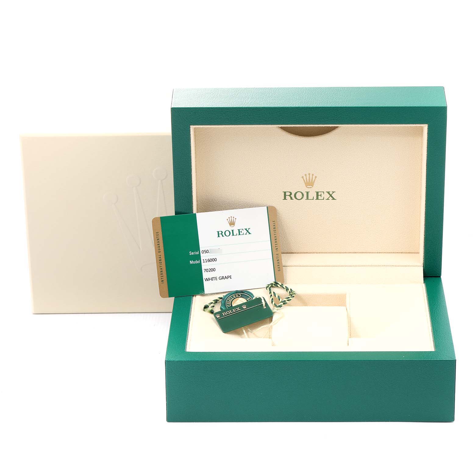 The image shows the open box, warranty card, and hang tags for a Rolex Oyster Perpetual 116000 Men's Stainless Steel Champagne Dial 116000 Men's Stainless Steel Champagne Dial watch.