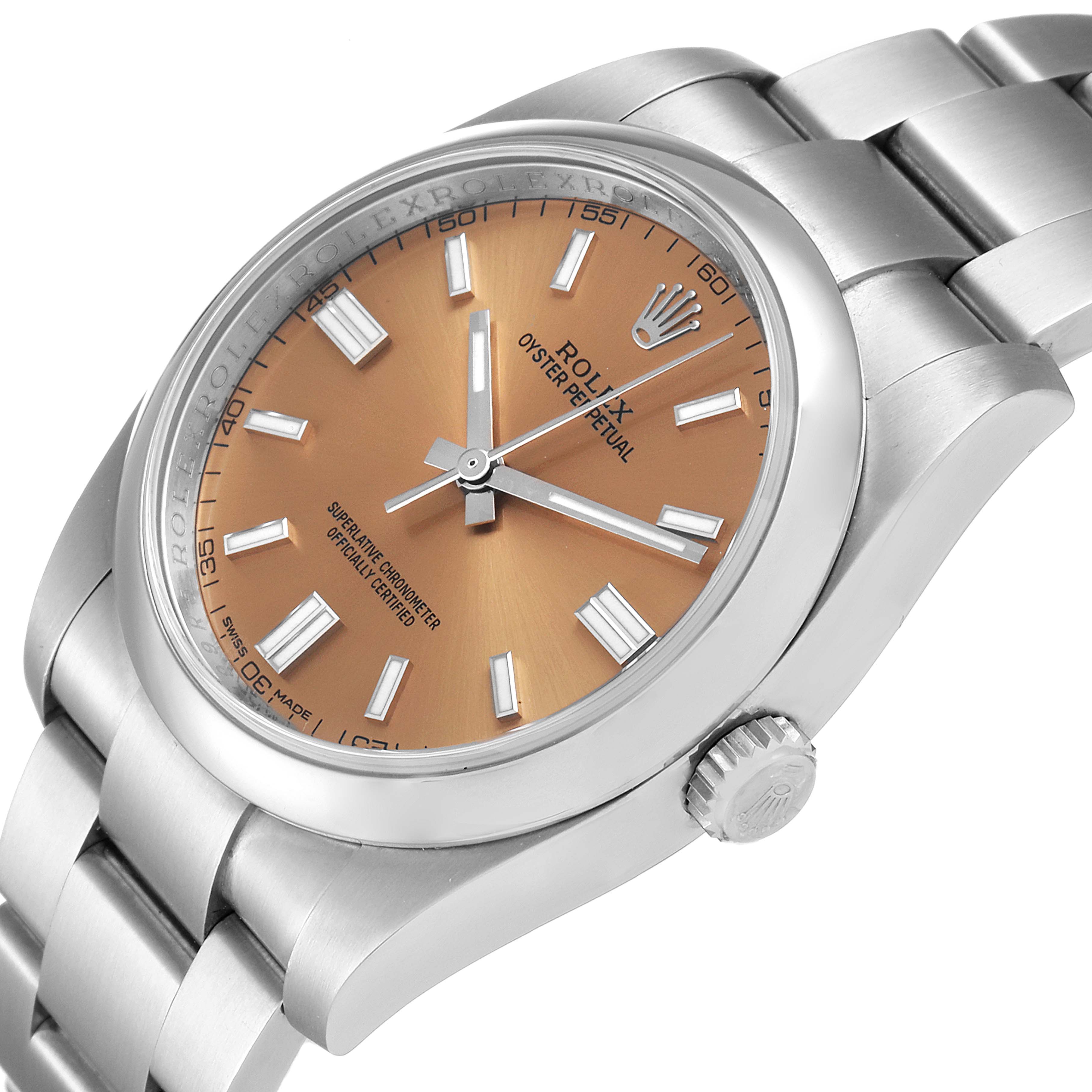 The Rolex Oyster Perpetual 116000 Men's Stainless Steel Champagne Dial 116000 Men's Stainless Steel Champagne Dial watch is shown at a slight angle, highlighting its dial, case, crown, and part of the bracelet.
