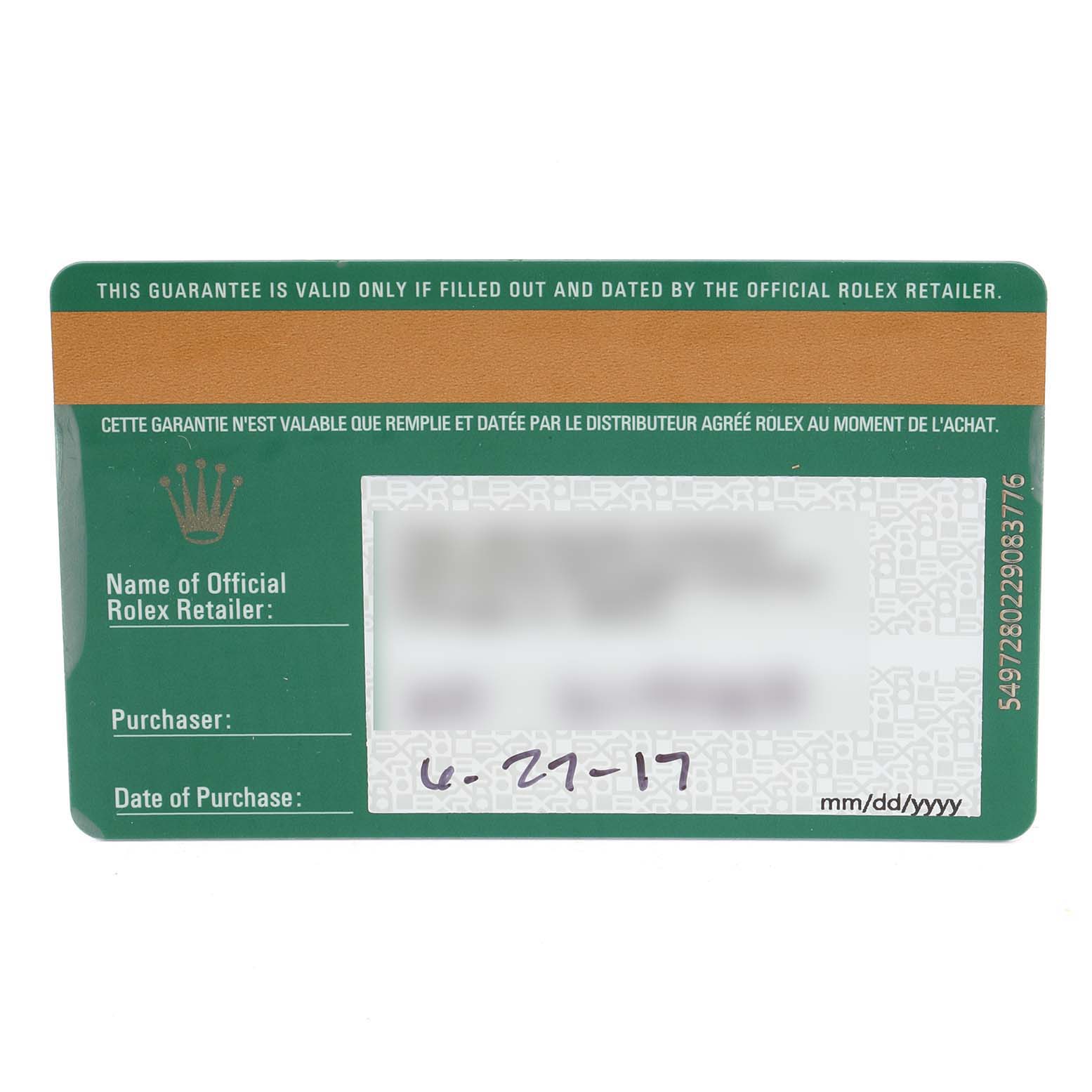 This image shows the guarantee card for a Rolex Oyster Perpetual 116000 Men's Stainless Steel Champagne Dial 116000 Men's Stainless Steel Champagne Dial watch, containing retailer and purchase information.