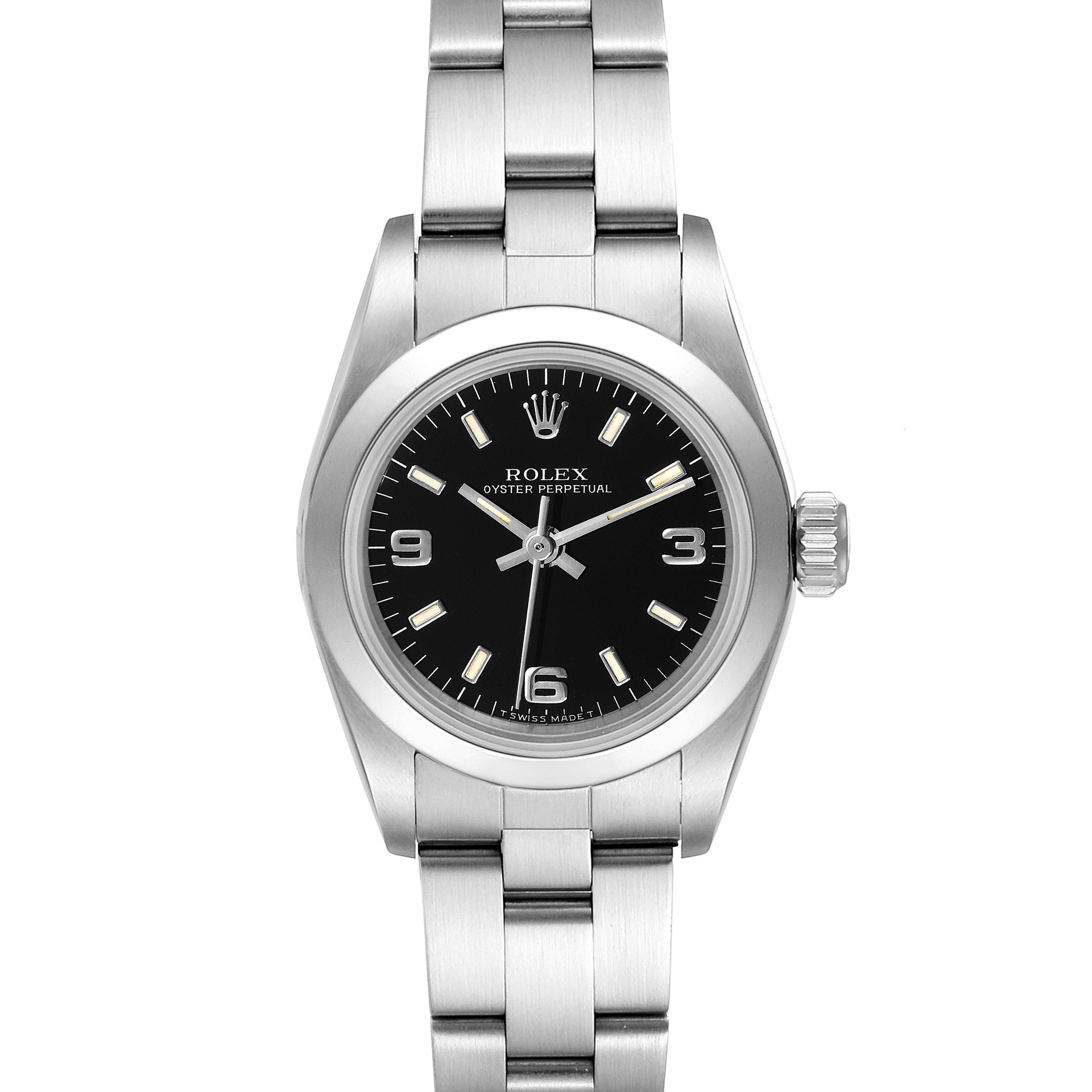 This image shows a front view of a Rolex Oyster Perpetual 67180 Women's Stainless Steel Black Dial 67180 Women's Stainless Steel Black Dial watch with its black dial and stainless steel bracelet.
