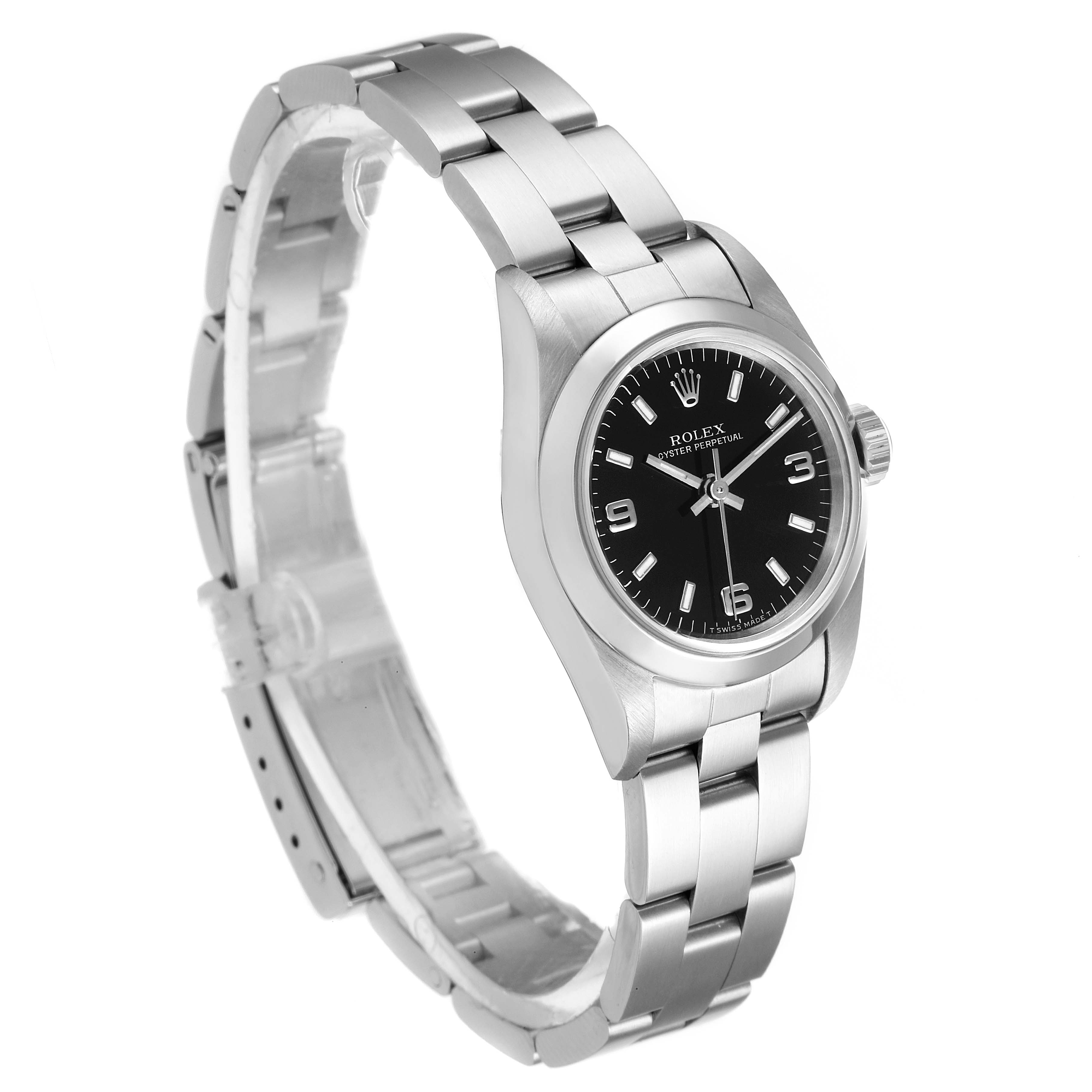 The Rolex Oyster Perpetual 67180 Women's Stainless Steel Black Dial 67180 Women's Stainless Steel Black Dial watch is shown at an angle displaying the face, bezel, crown, and part of the bracelet.