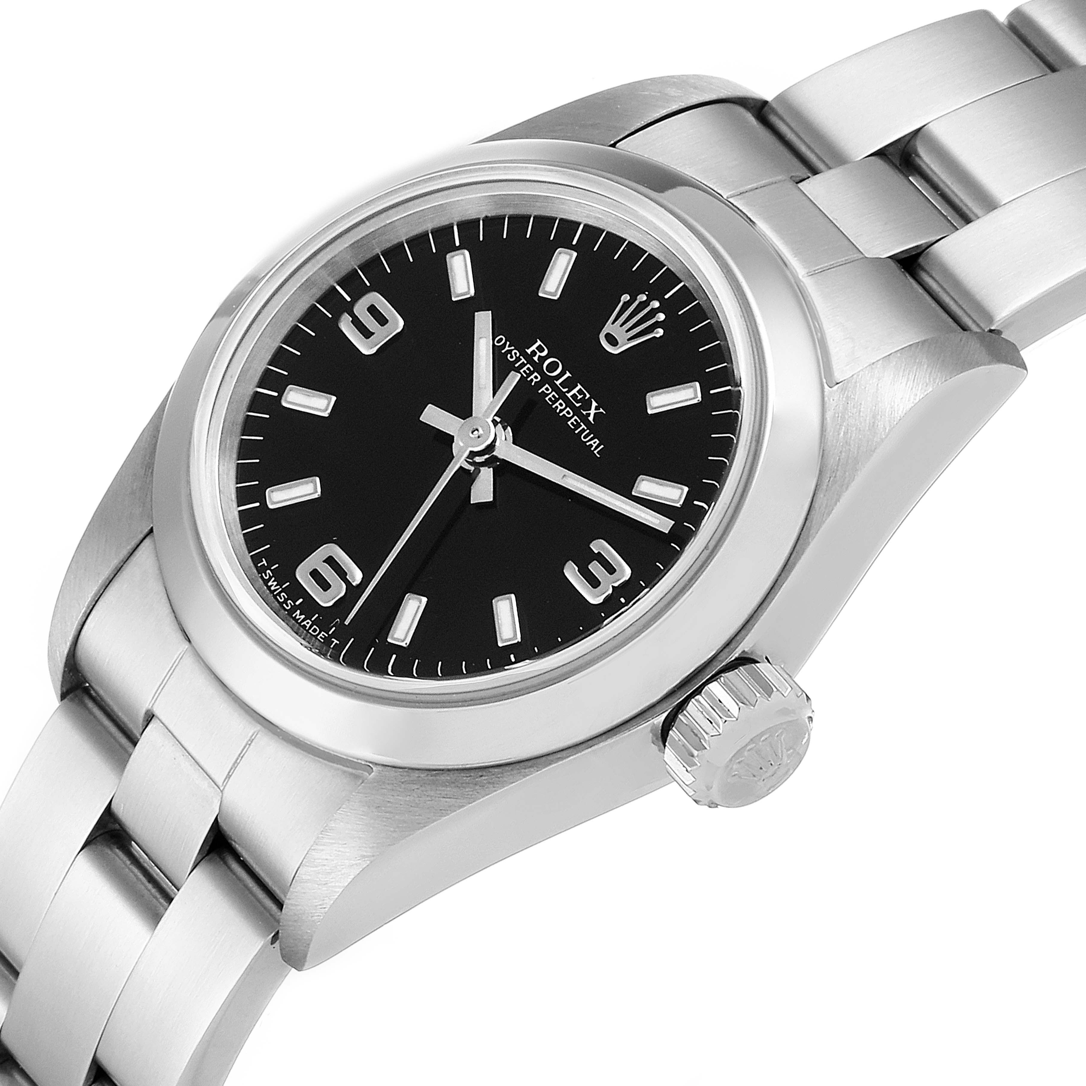 The image shows a close-up shot of the Rolex Oyster Perpetual 67180 Women's Stainless Steel Black Dial 67180 Women's Stainless Steel Black Dial watch, highlighting the face, bezel, crown, and part of the bracelet.