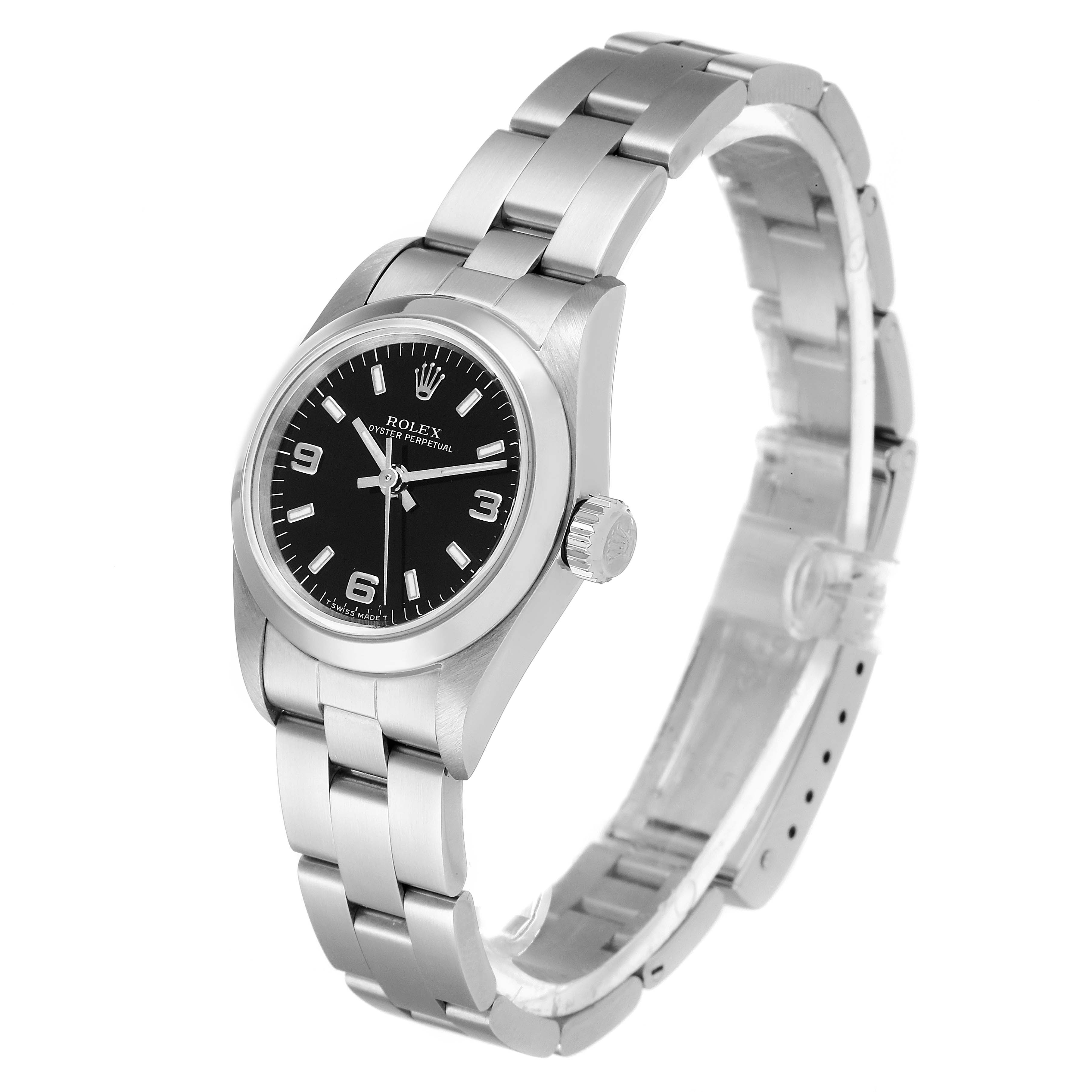 The image shows a side angle view of a Rolex Oyster Perpetual 67180 Women's Stainless Steel Black Dial 67180 Women's Stainless Steel Black Dial watch, displaying the face, crown, lugs, and part of the bracelet.