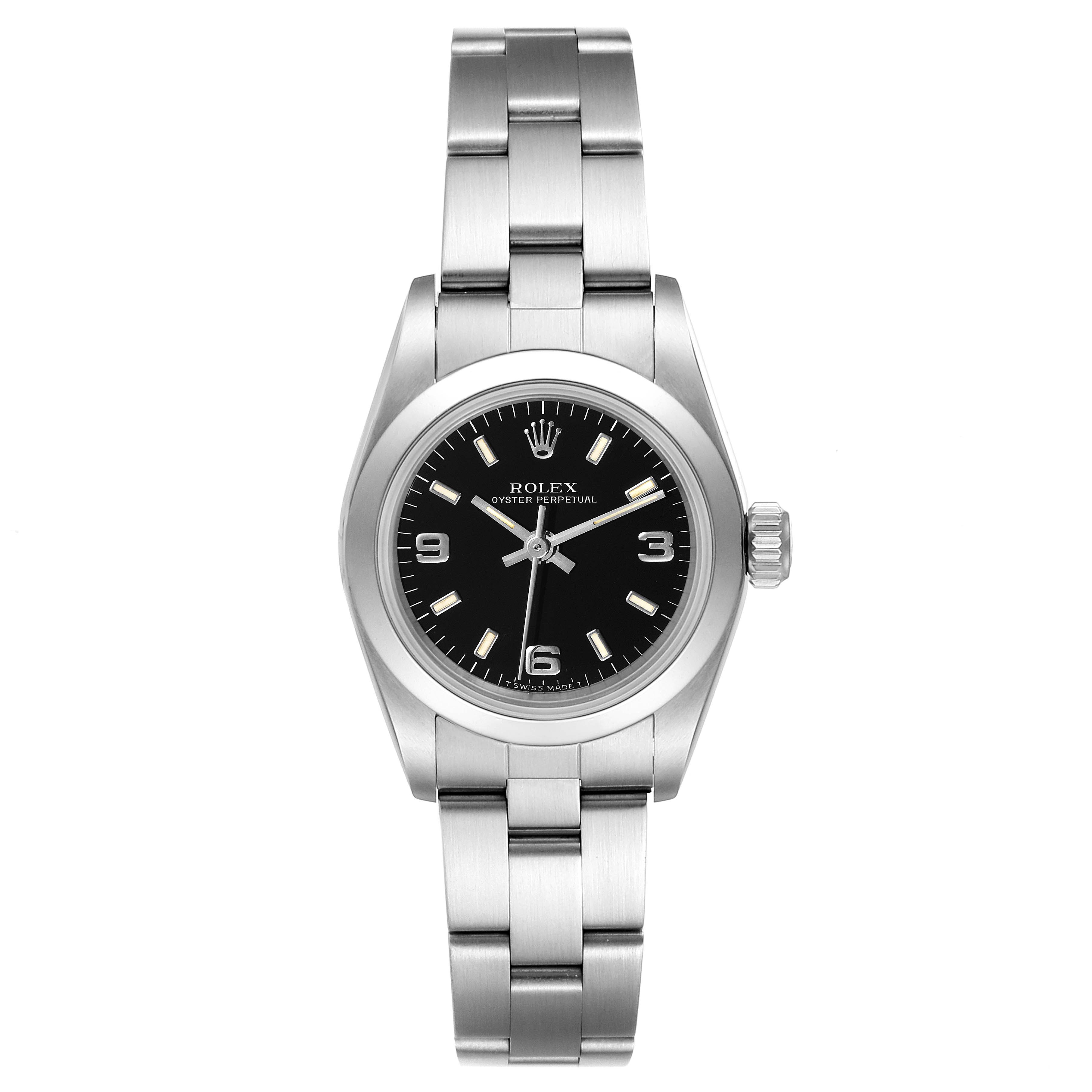 This image shows the full front view of the Rolex Oyster Perpetual 67180 Women's Stainless Steel Black Dial 67180 Women's Stainless Steel Black Dial watch, highlighting the dial, bezel, and bracelet.