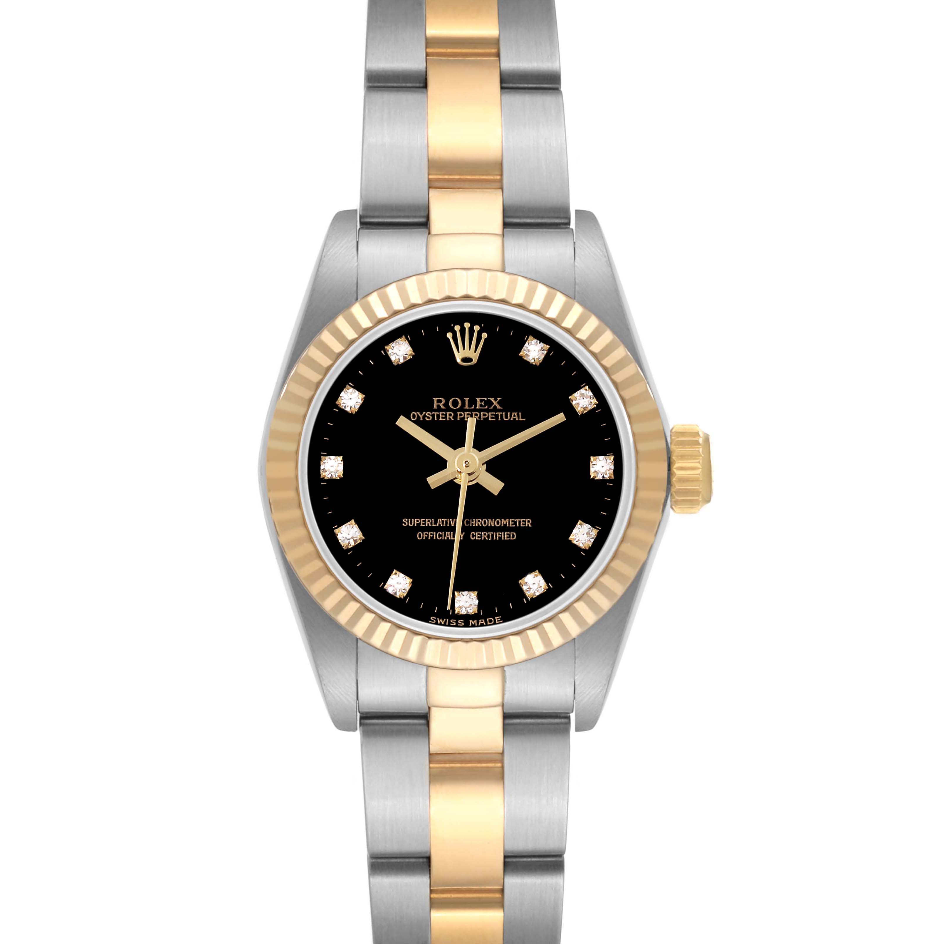 The Rolex Oyster Perpetual 67193 Women's Steel and Gold (two tone) Black Dial 67193 Women's Steel and Gold (two tone) Black Dial watch is shown from a top-down angle, showcasing the face, bezel, and bracelet.