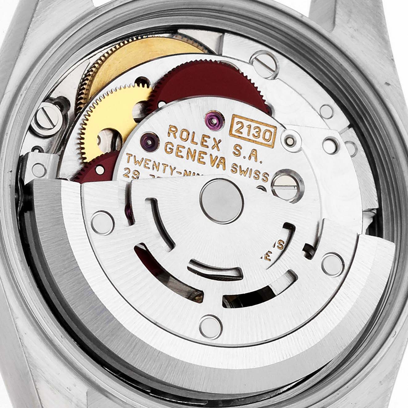 The image shows the internal mechanism and movement of a Rolex Oyster Perpetual 67193 Women's Steel and Gold (two tone) Black Dial 67193 Women's Steel and Gold (two tone) Black Dial watch viewed from the back.