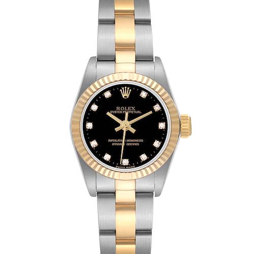 The image shows a front-facing view of a Rolex Oyster Perpetual watch with a black dial, gold bezel, and a two-tone bracelet.