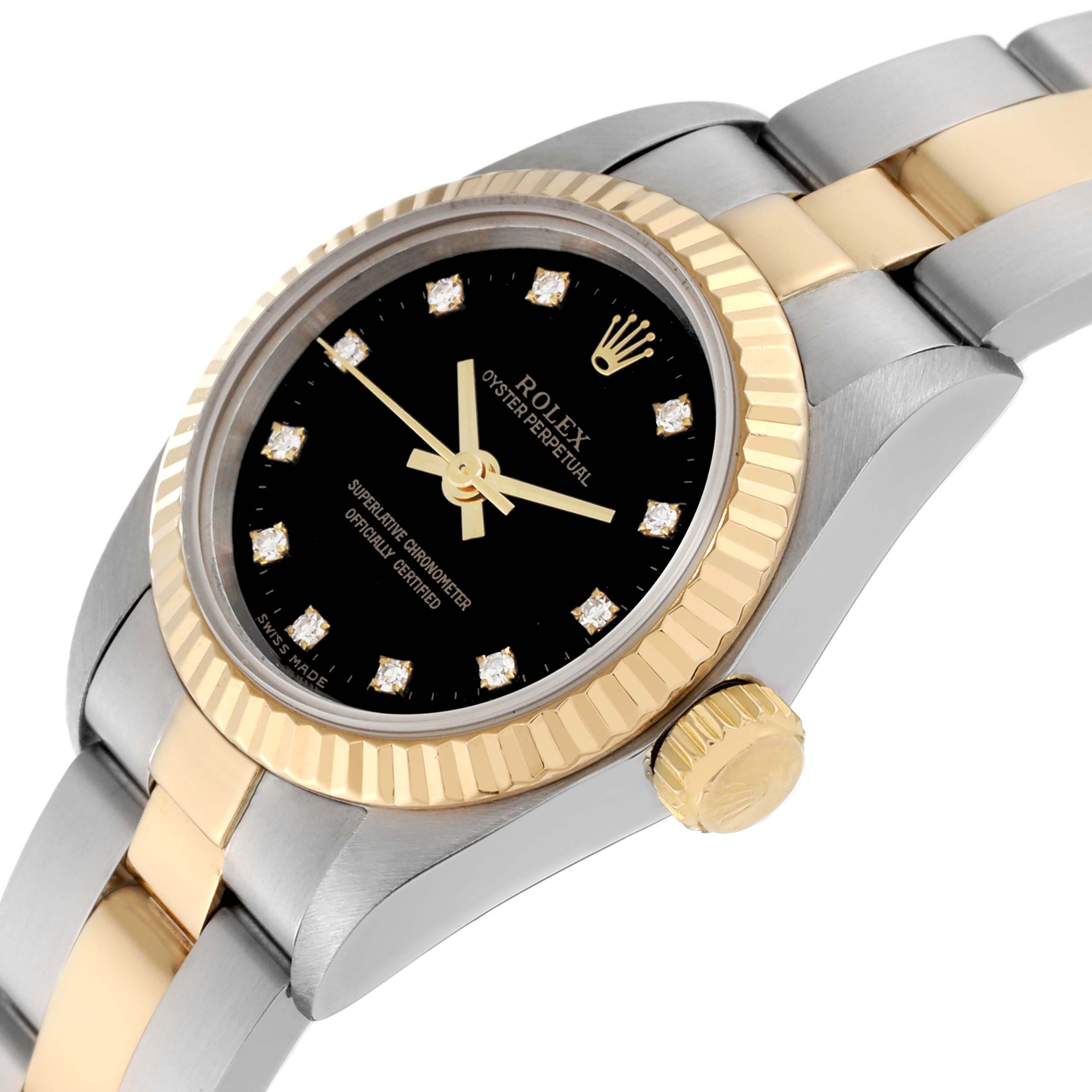 This Rolex Oyster Perpetual 67193 Women's Steel and Gold (two tone) Black Dial 67193 Women's Steel and Gold (two tone) Black Dial watch is shown from a front-side angle, highlighting the face, crown, and parts of the bracelet.