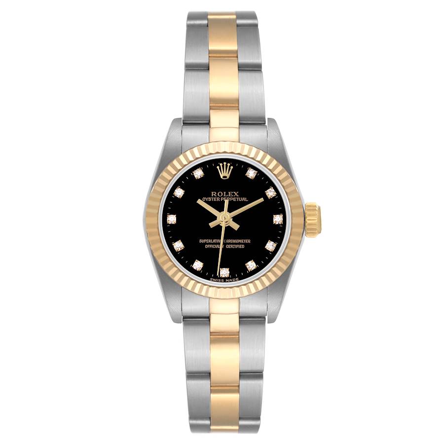 The Oyster Perpetual Rolex watch is shown from the front, displaying the dial, bezel, and two-tone metal bracelet.