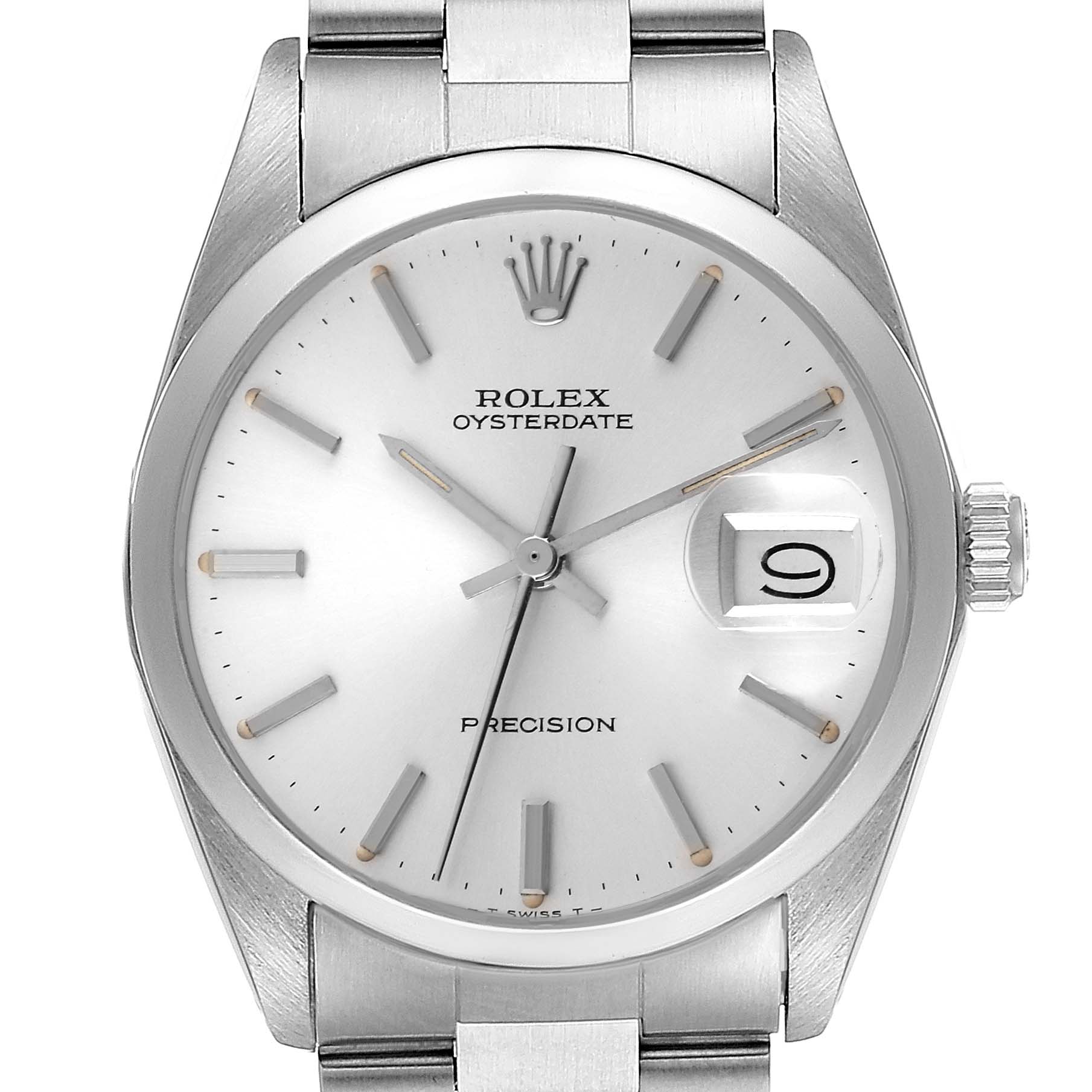 The image shows a front view of the Rolex Vintage Collection 6694 Men's Stainless Steel Silver Dial 6694 Men's Stainless Steel Silver Dial Oysterdate Precision watch, highlighting its dial, crown, and bracelet.