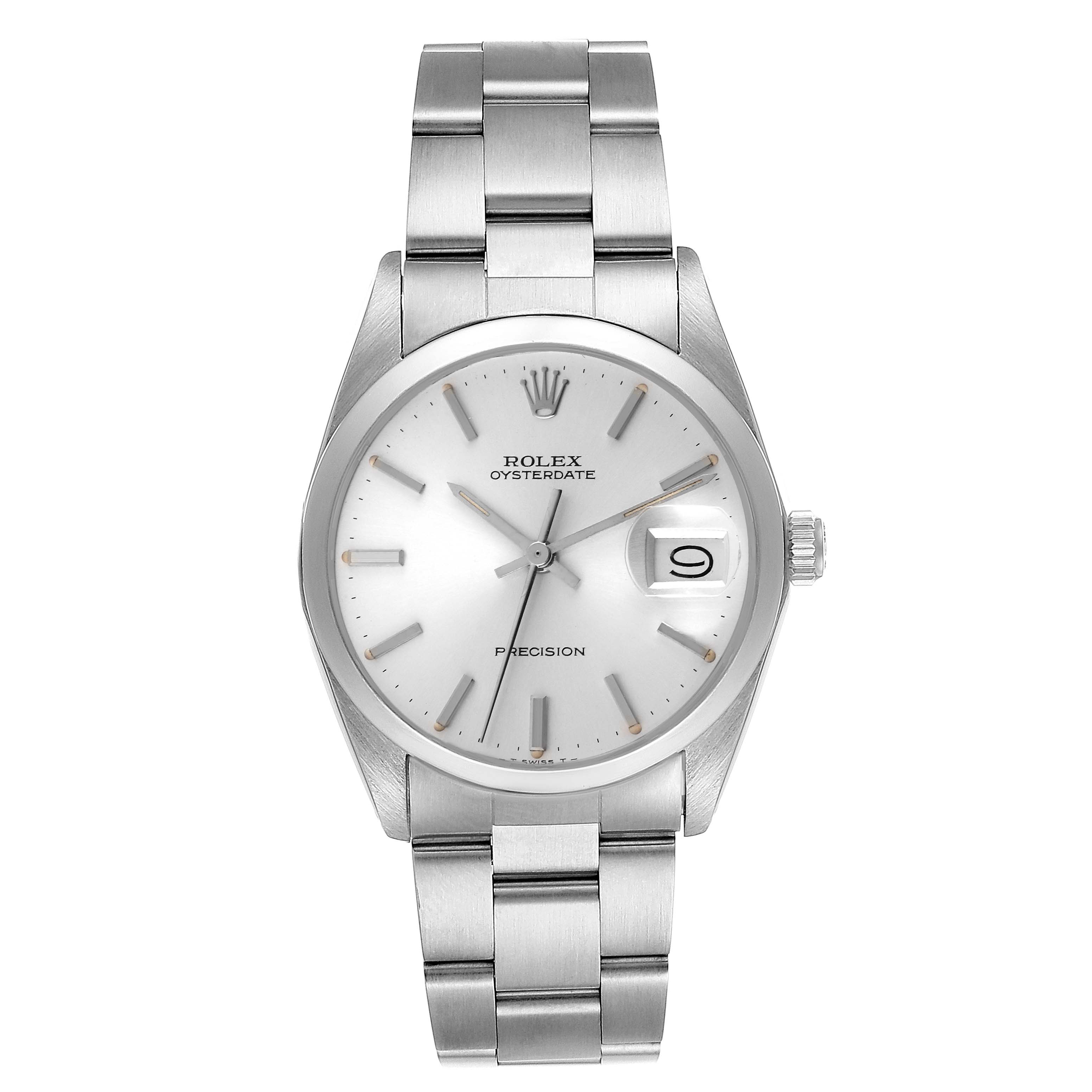 The image shows a front view of the Rolex Vintage Collection 6694 Men's Stainless Steel Silver Dial 6694 Men's Stainless Steel Silver Dial Oysterdate Precision watch, highlighting its stainless steel bracelet and dial.