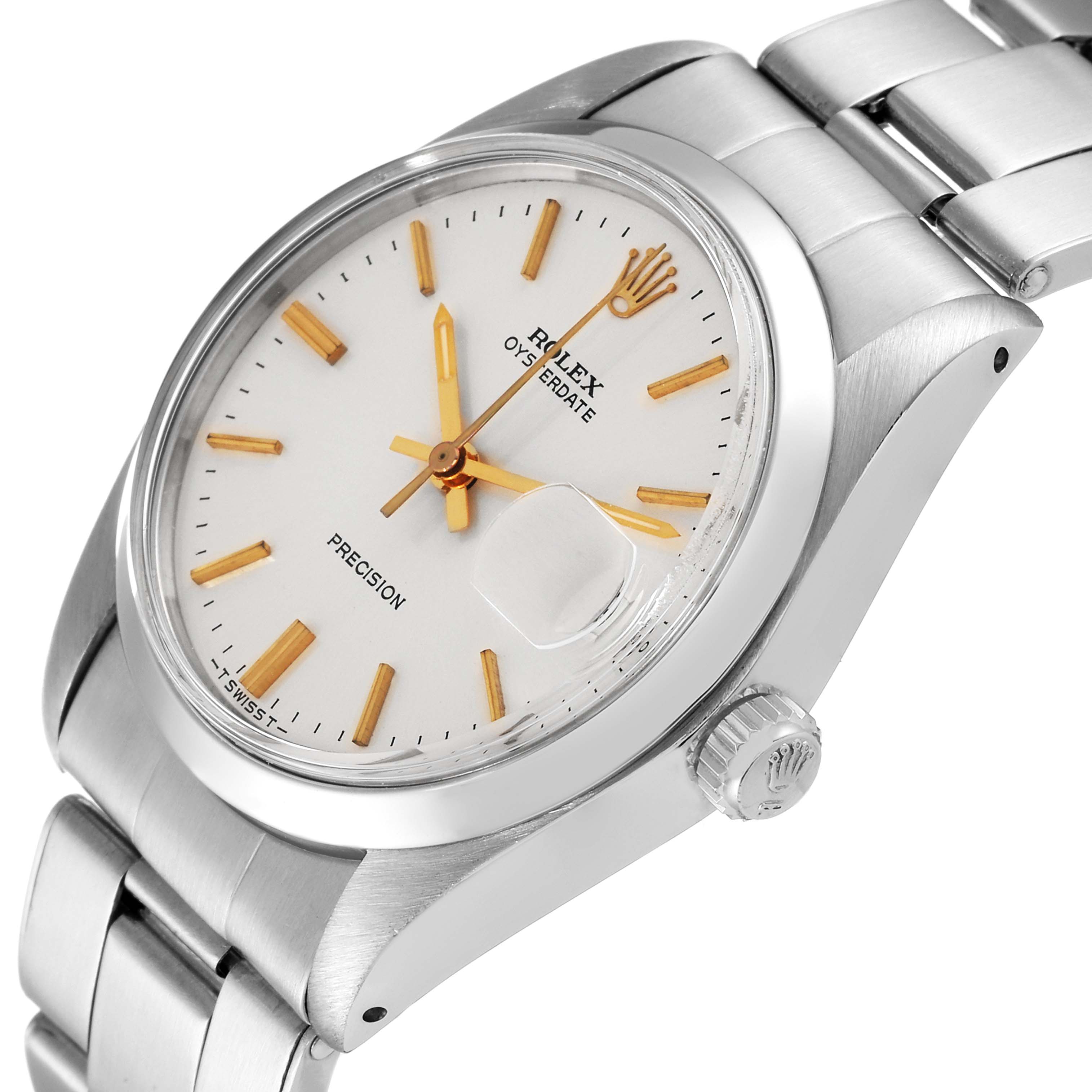 The image shows a Rolex Vintage Collection 6694 Men
s Stainless Steel Silver Dial 6694 Men
s Stainless Steel Silver Dial Precision Oysterdate watch, emphasizing its face, crown, and stainless steel bracelet at an angled view.