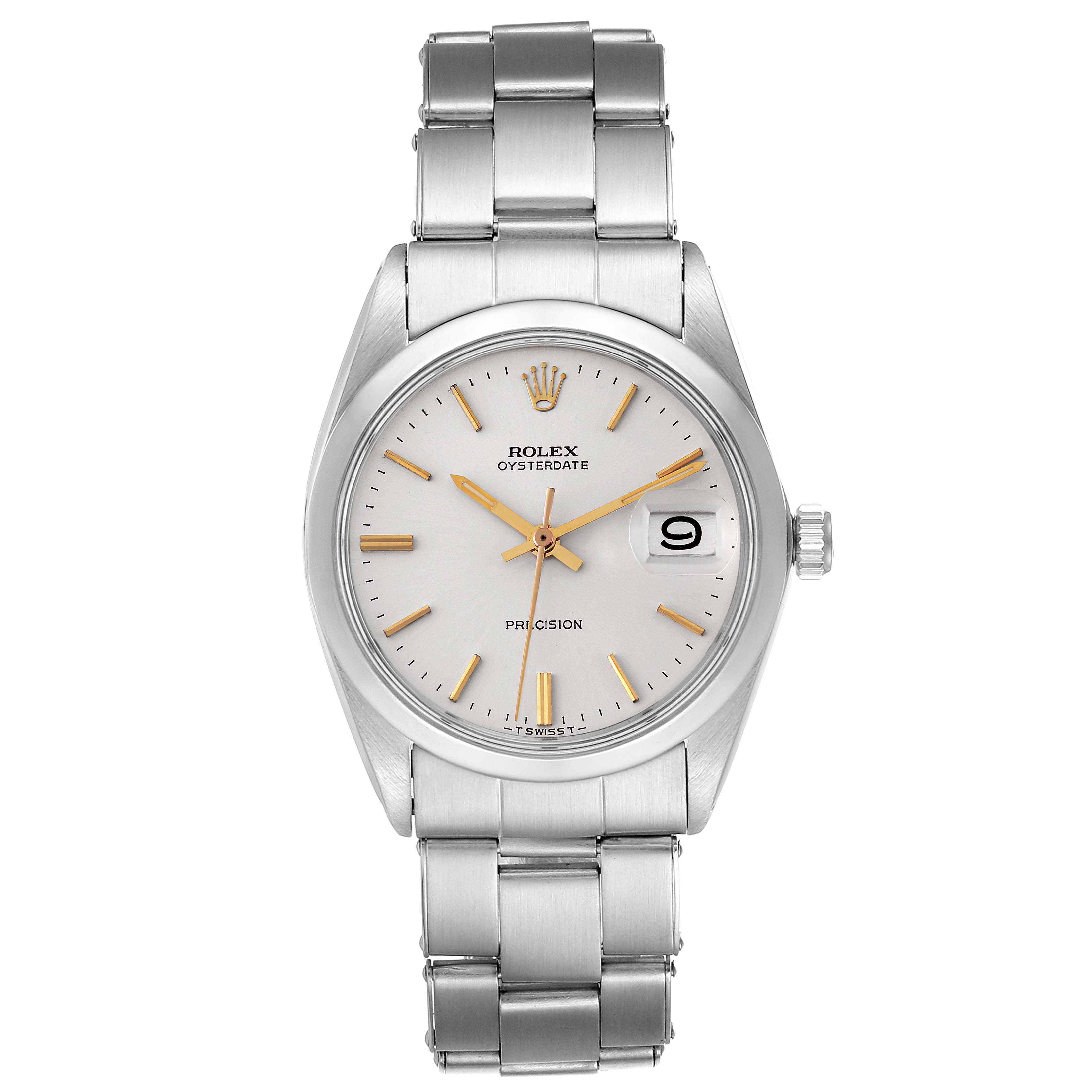 This is a front view of the Rolex Vintage Collection 6694 Men
s Stainless Steel Silver Dial 6694 Men
s Stainless Steel Silver Dial watch, showing the dial, hands, date window, and metal bracelet.