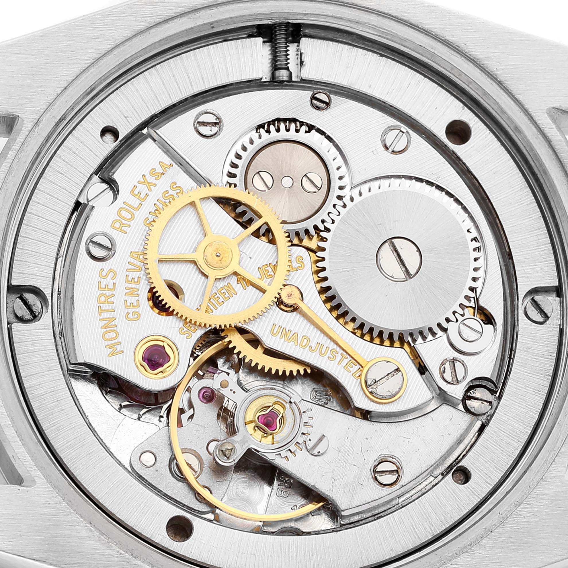 The image shows the internal mechanical movement of a Rolex Vintage Collection 6694 Men
s Stainless Steel Silver Dial 6694 Men
s Stainless Steel Silver Dial watch from a top-down angle.