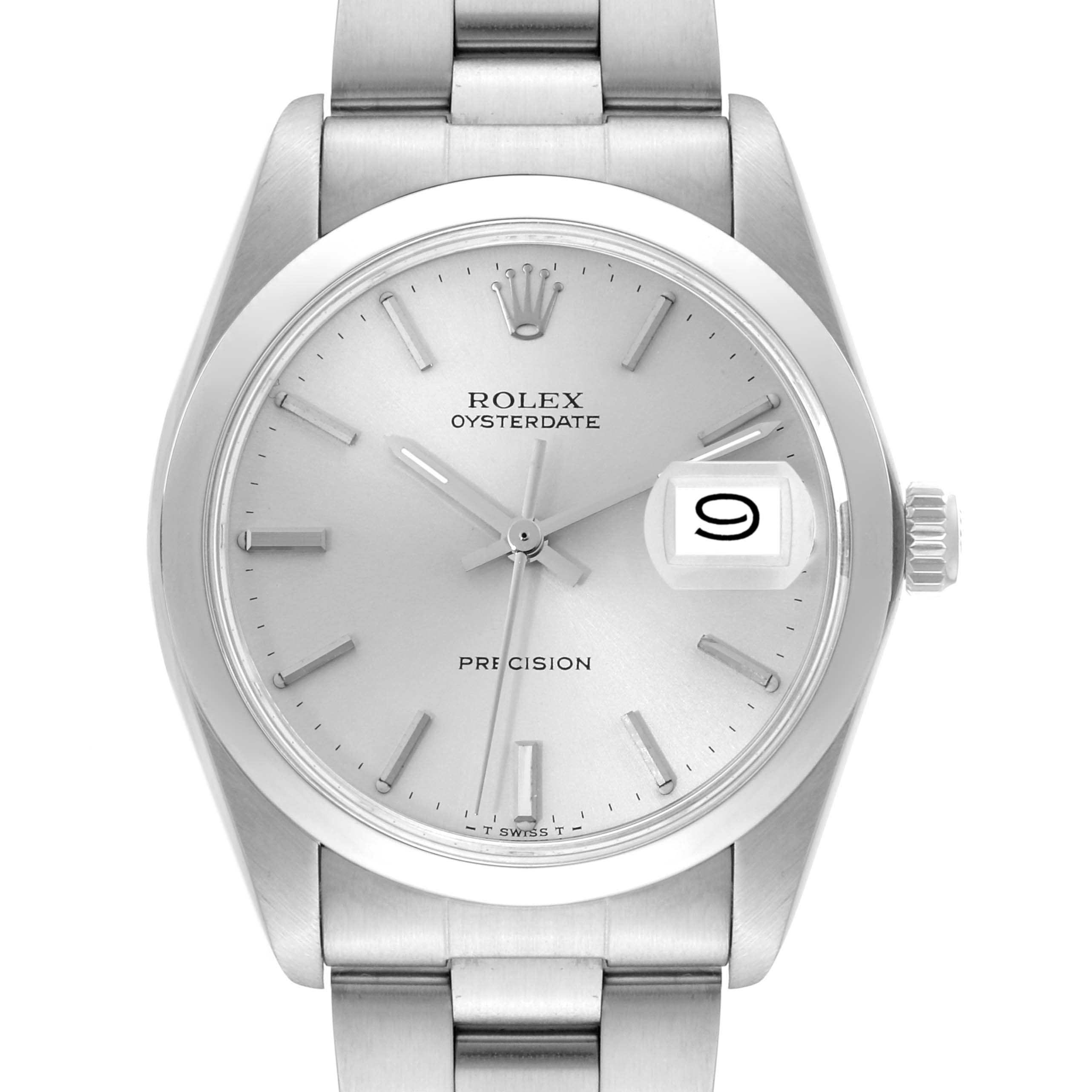 The image shows the front view of a Rolex Oysterdate Precision watch from the Vintage Collection, including the dial, date window, and bracelet.