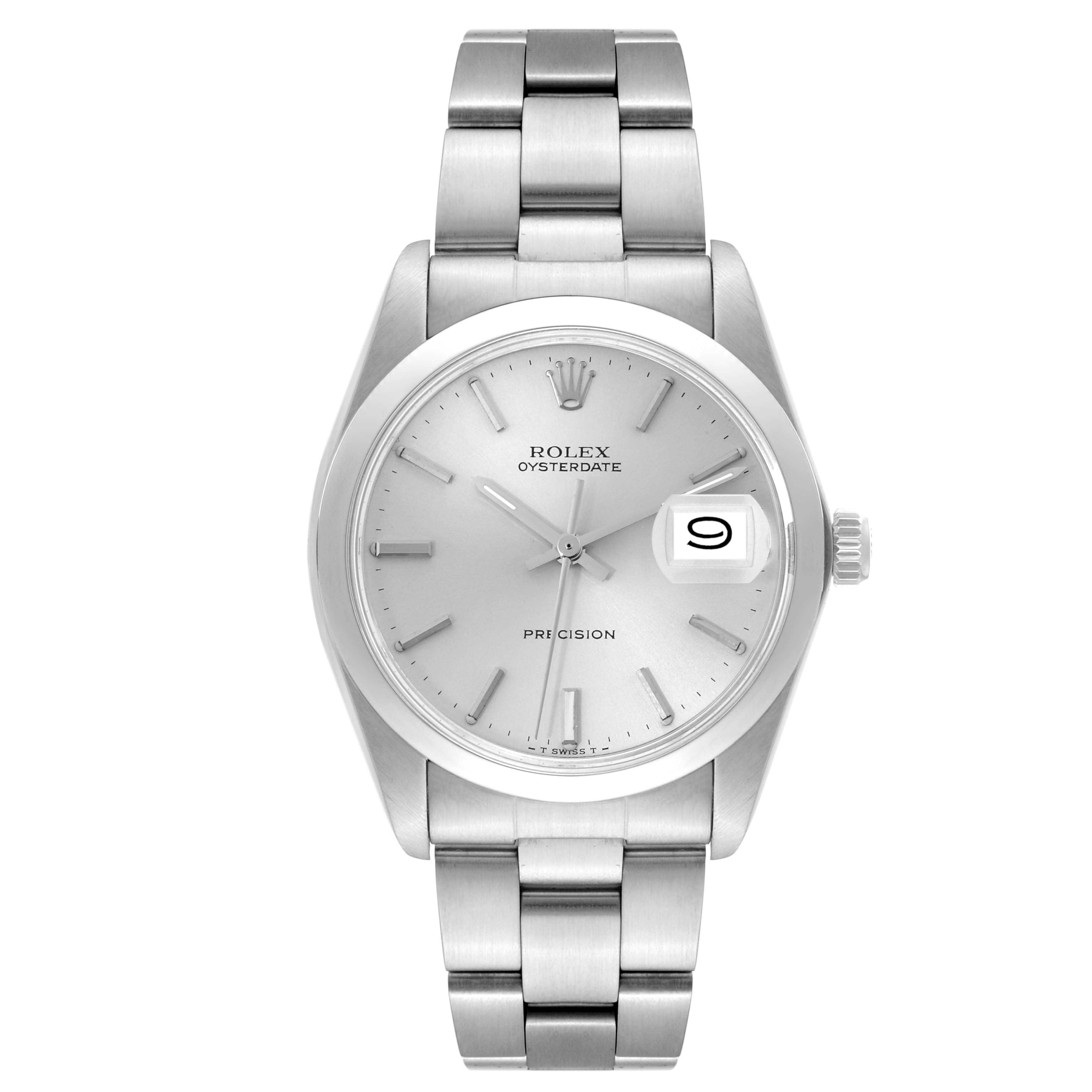 The image shows a front view of a Rolex Vintage Collection 6694 Men's Stainless Steel Silver Dial 6694 Men's Stainless Steel Silver Dial watch, displaying a silver dial, date window, and a metal bracelet.
