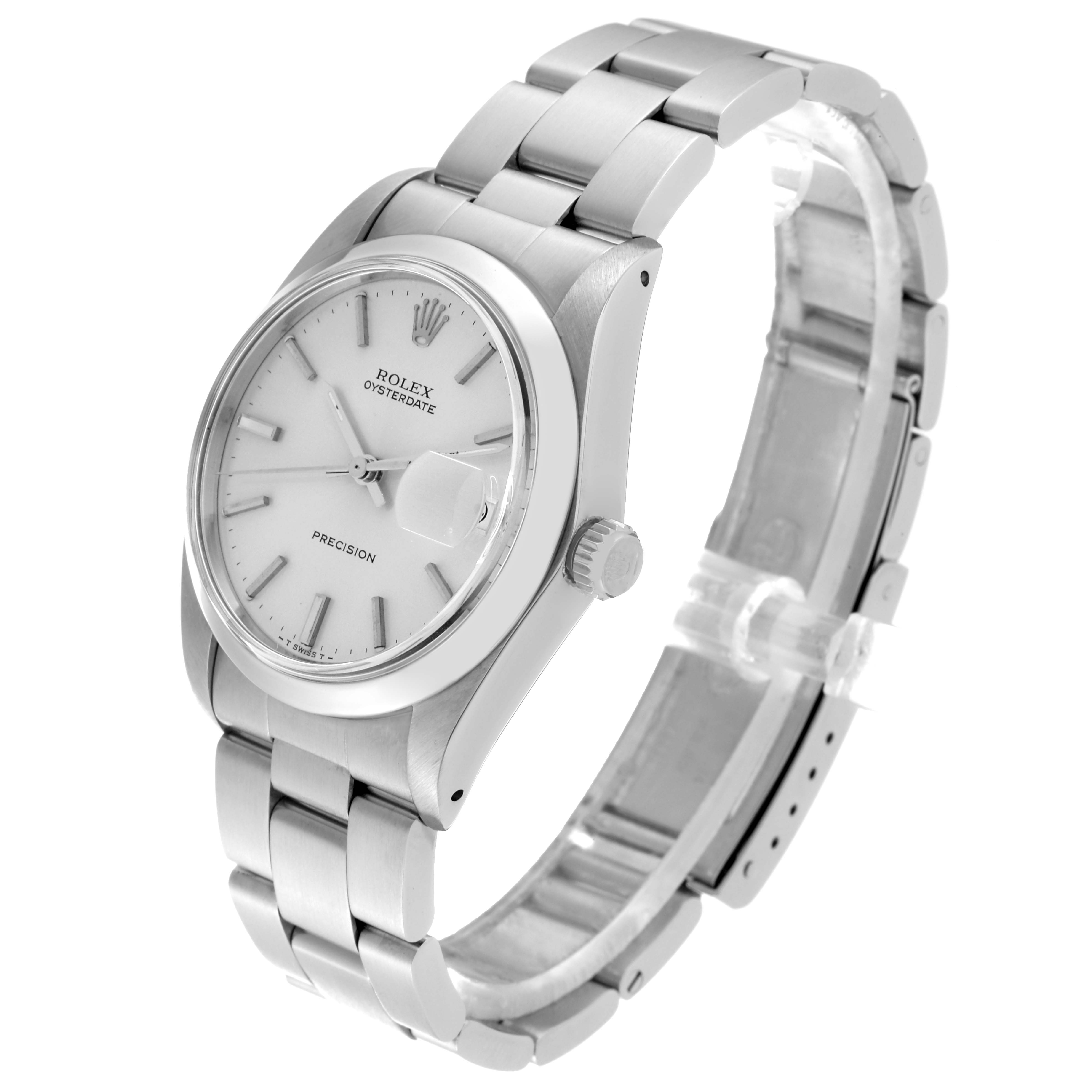 The image shows a side angle of the Rolex Vintage Collection 6694 Men's Stainless Steel Silver Dial 6694 Men's Stainless Steel Silver Dial watch, highlighting the face, crown, and stainless steel bracelet.