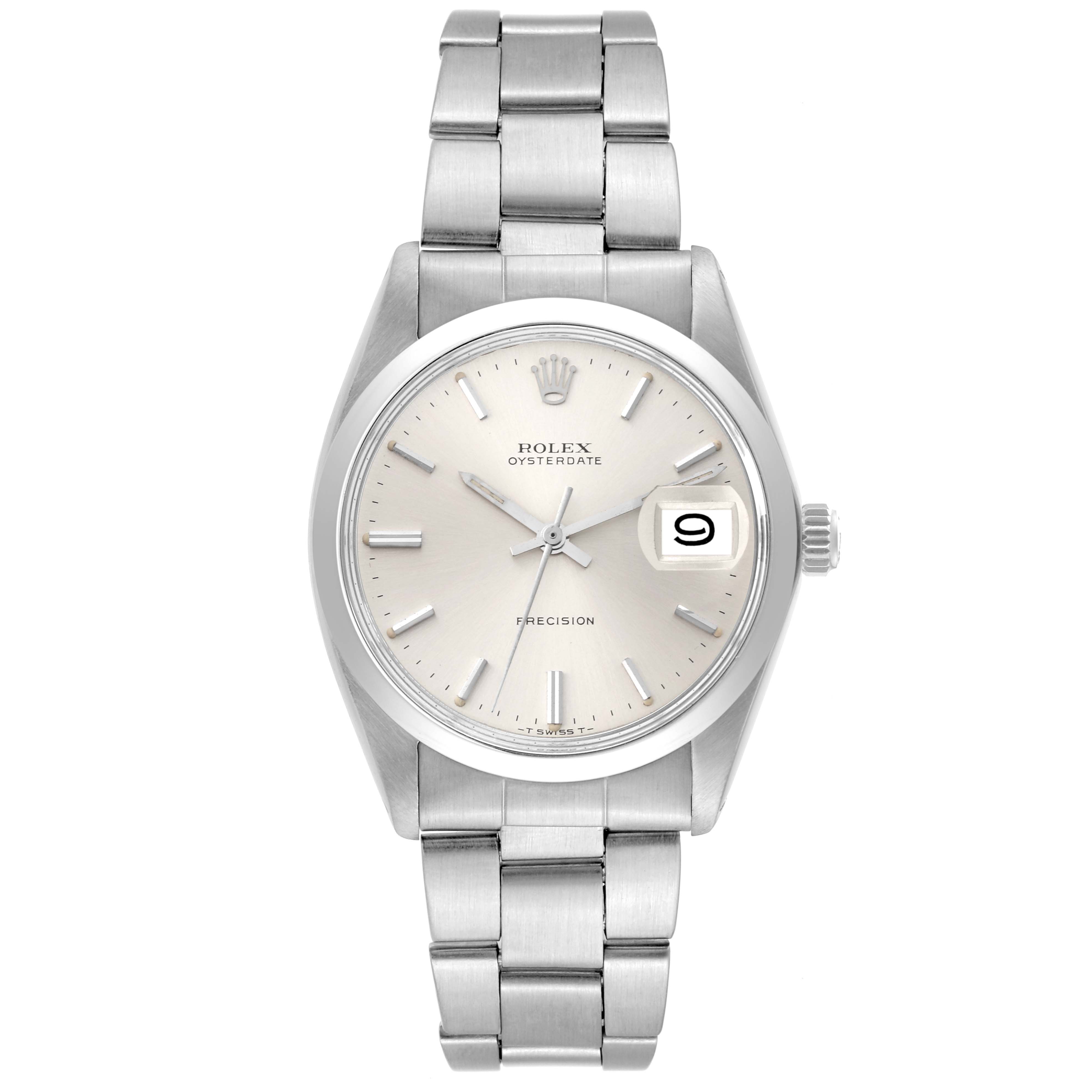 This image displays a front view of the Vintage Collection Rolex Oysterdate watch, showcasing its dial, bracelet, and date window.