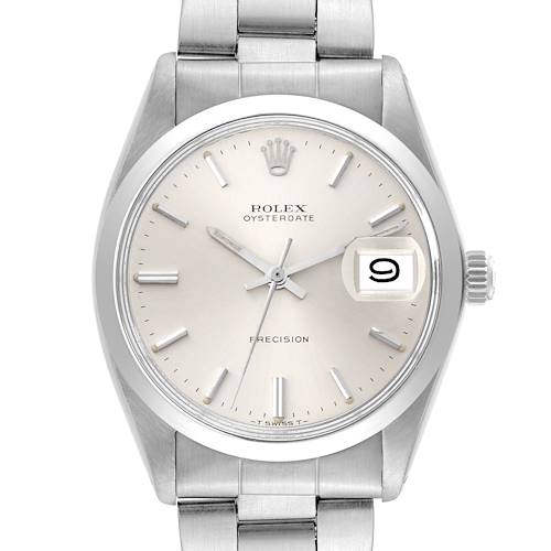 The image shows a front view of the Rolex Vintage Collection Oysterdate Precision watch, highlighting the dial, hands, and date display.