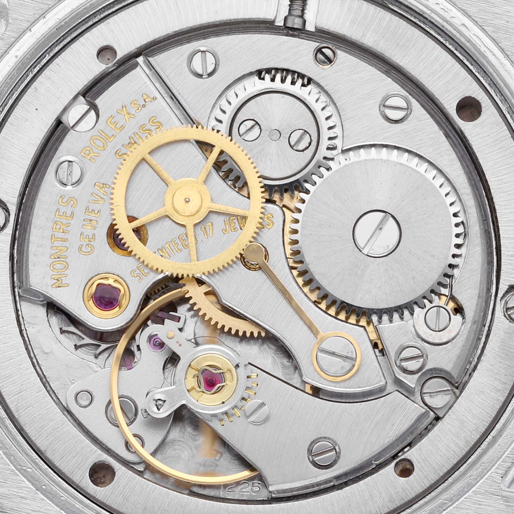 This image shows the intricate internal mechanism of the Rolex Vintage Collection 6694 Men's Stainless Steel Silver Dial 6694 Men's Stainless Steel Silver Dial model watch from a close-up, top-down angle.