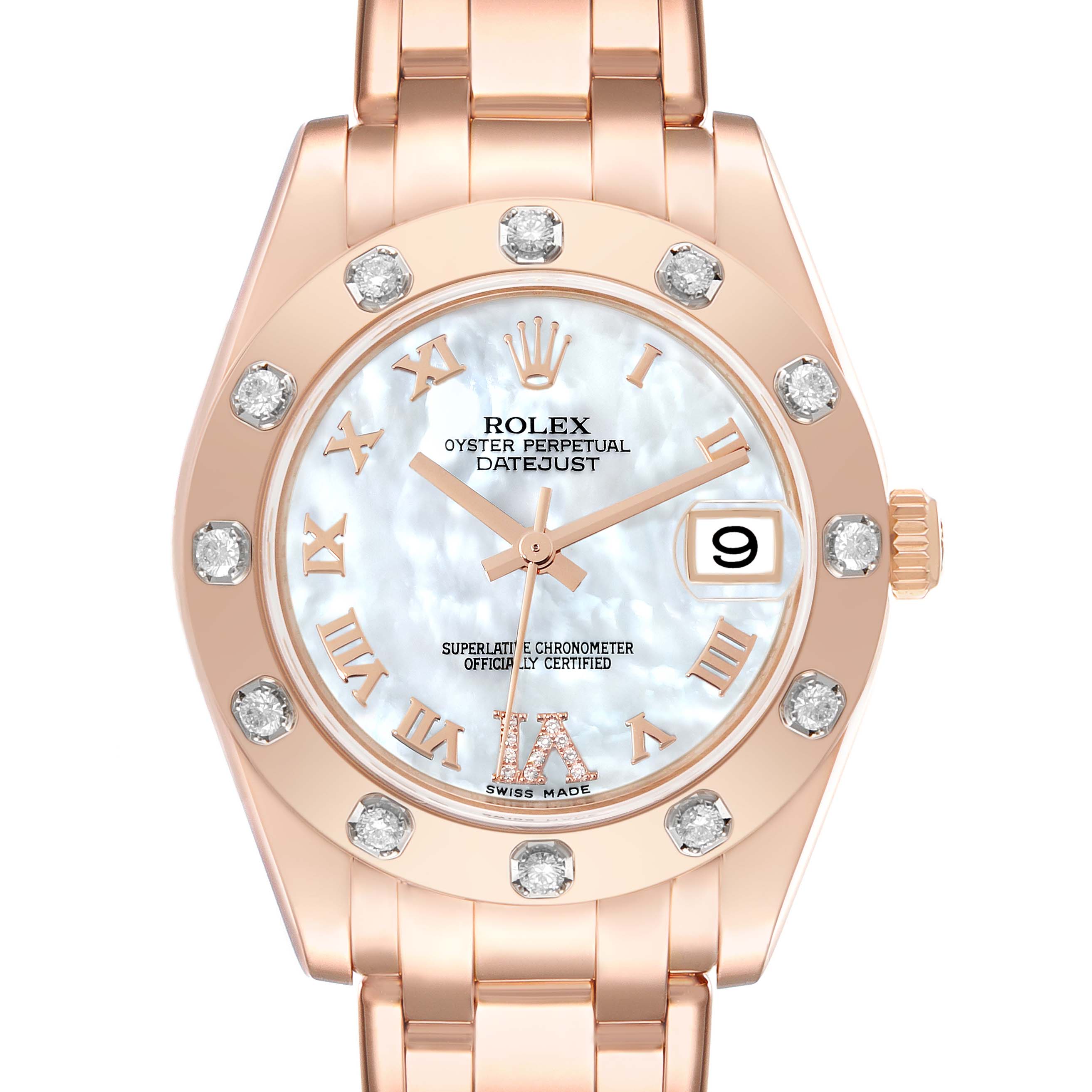The image shows a frontal view of a Rolex Pearlmaster 81315 Women's Rose Gold Mother of Pearl Dial 81315 Women's Rose Gold Mother of Pearl Dial watch, featuring a rose gold finish, diamond-set bezel, and a mother-of-pearl dial.