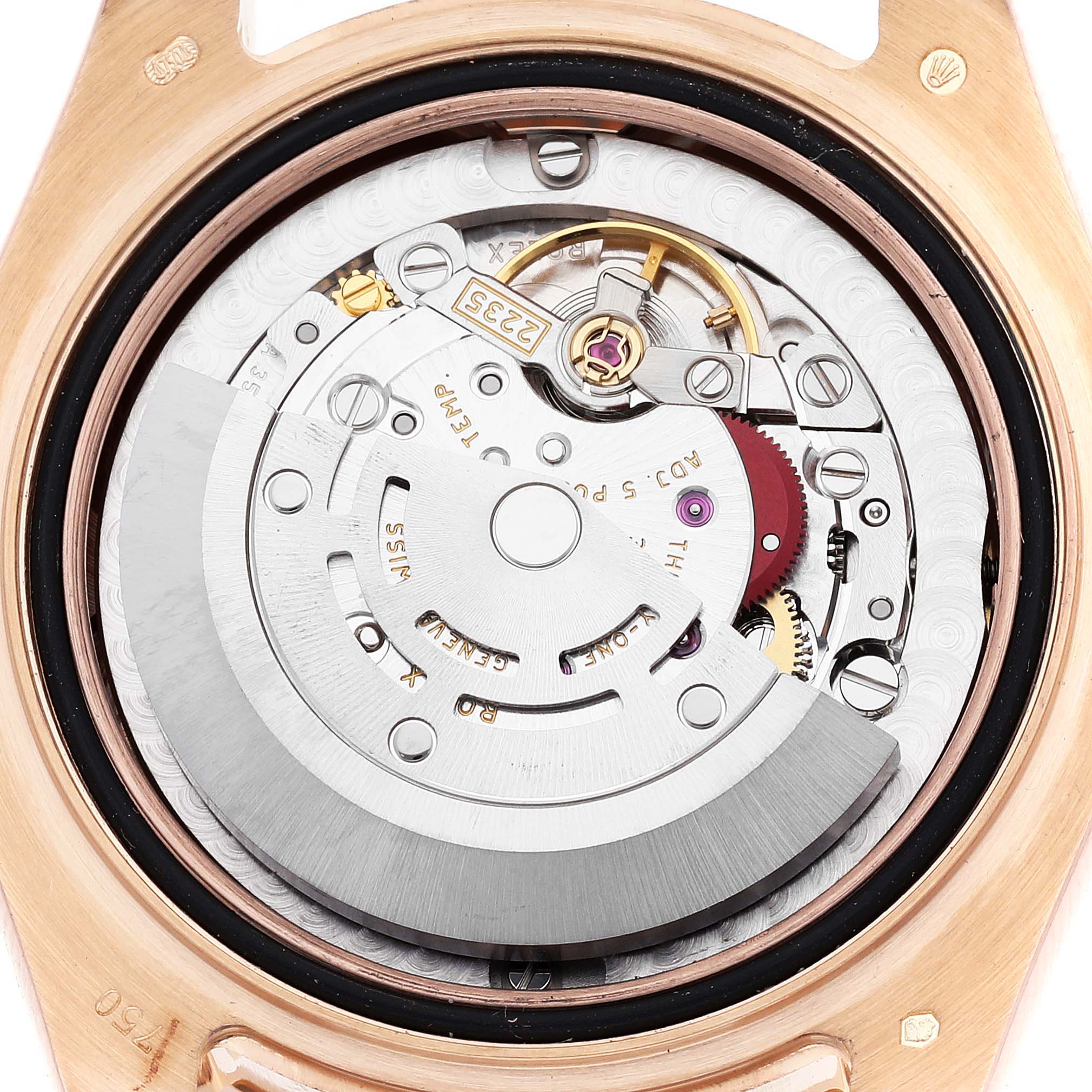 This image shows the internal mechanical movement of a Rolex Pearlmaster 81315 Women's Rose Gold Mother of Pearl Dial 81315 Women's Rose Gold Mother of Pearl Dial watch from a top-down angle.