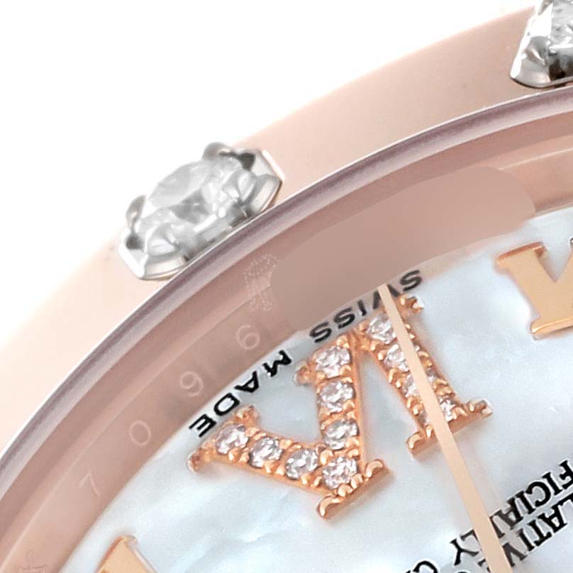 The image shows a close-up of a Rolex Pearlmaster 81315 Women's Rose Gold Mother of Pearl Dial 81315 Women's Rose Gold Mother of Pearl Dial watch, highlighting its bezel, diamond markers, and part of the dial.