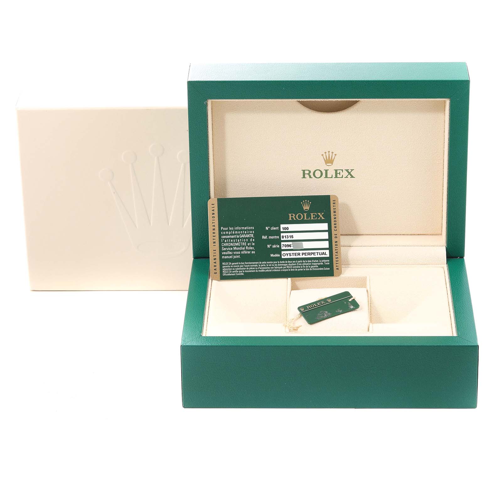 The image shows the opened packaging box of a Rolex Pearlmaster 81315 Women's Rose Gold Mother of Pearl Dial 81315 Women's Rose Gold Mother of Pearl Dial watch, displaying the guarantee card and accessories.