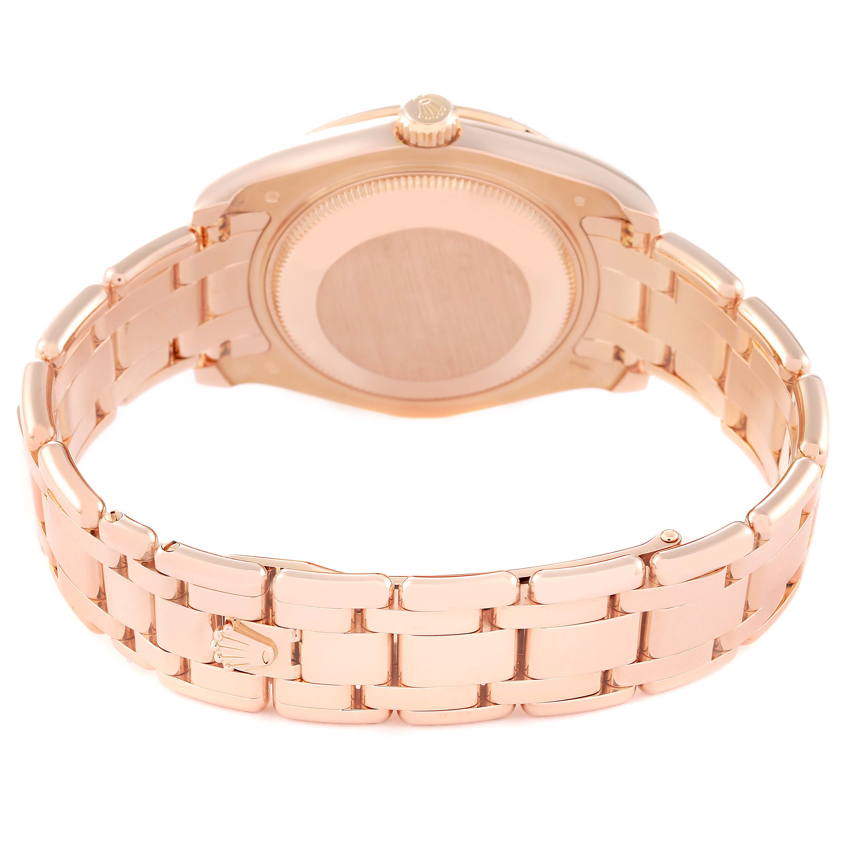 The image displays the back view and bracelet of the Rolex Pearlmaster 81315 Women's Rose Gold Mother of Pearl Dial 81315 Women's Rose Gold Mother of Pearl Dial watch.