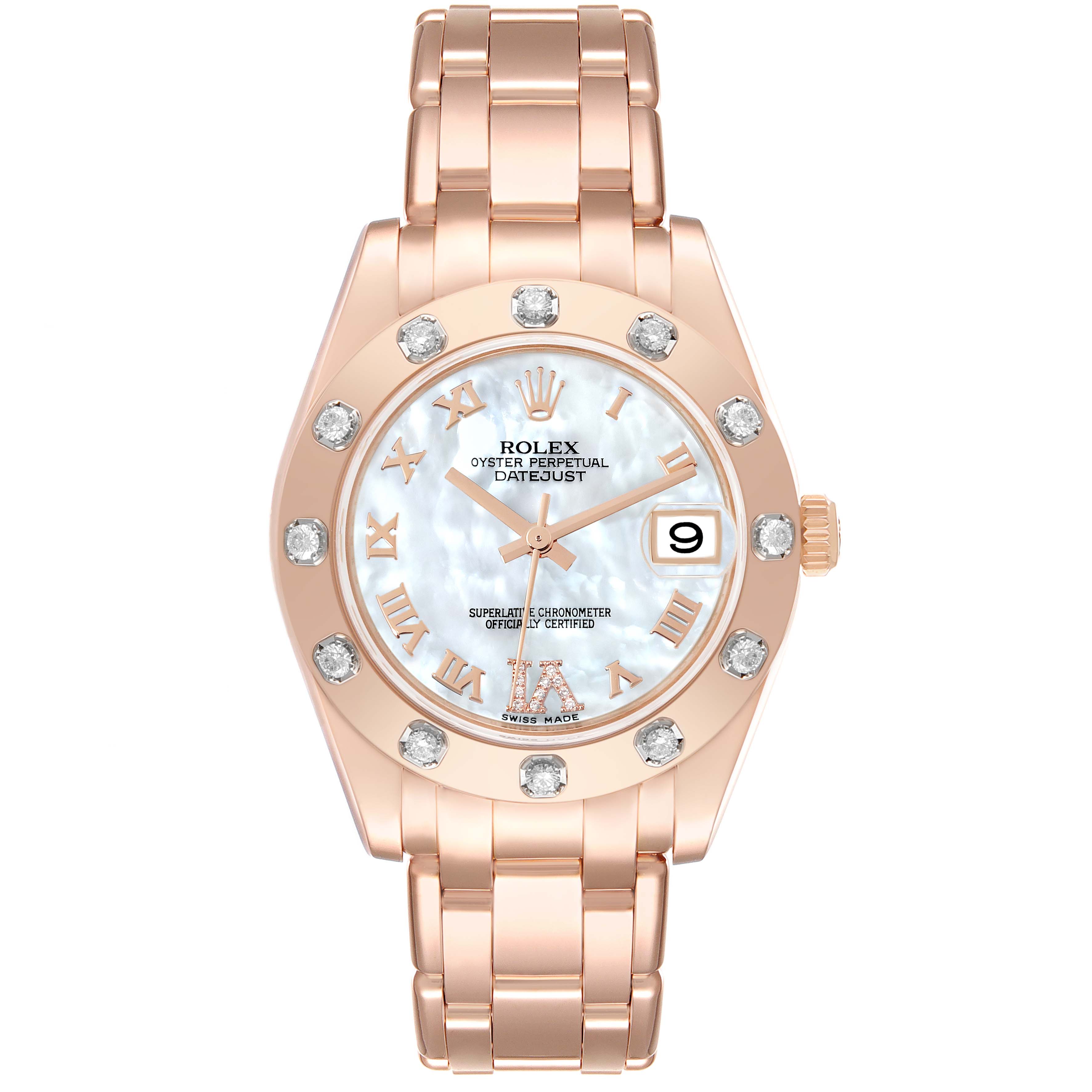 The image shows a front view of the Rolex Pearlmaster 81315 Women's Rose Gold Mother of Pearl Dial 81315 Women's Rose Gold Mother of Pearl Dial watch, displaying the face, band, and bezel.