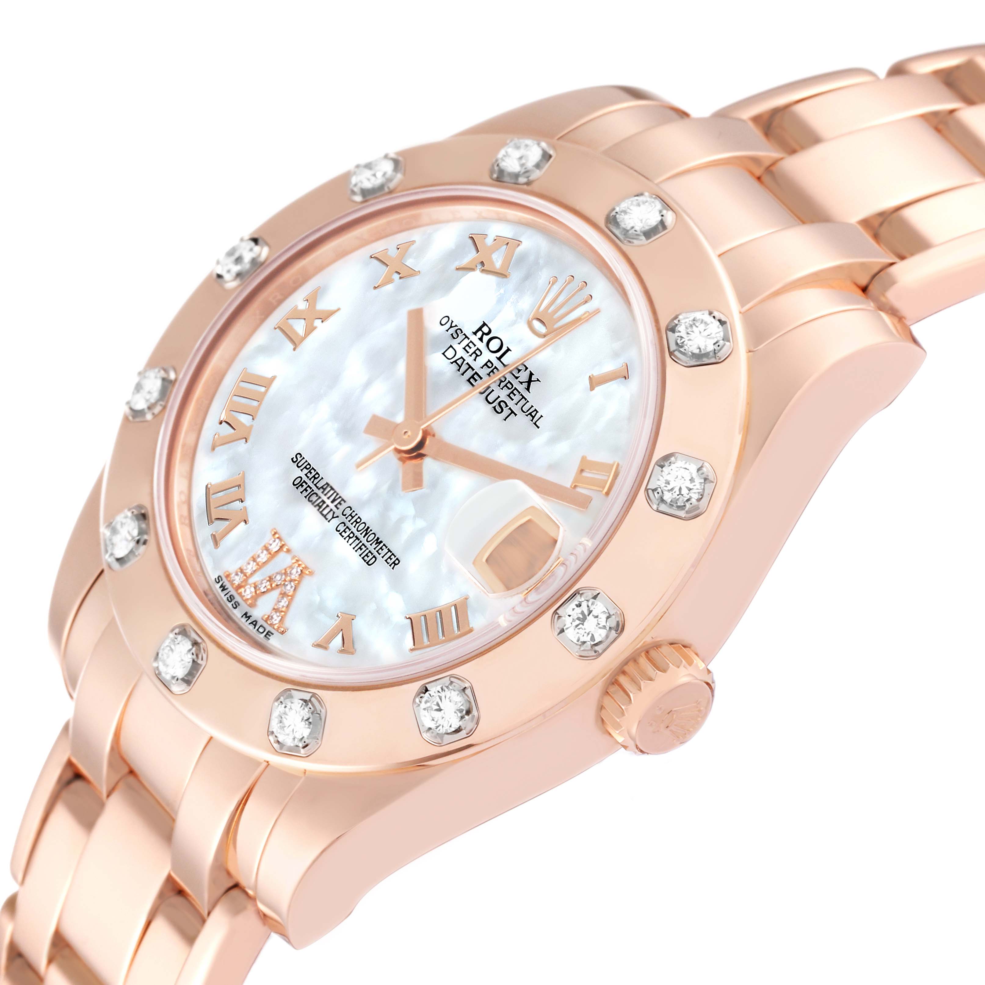 The image shows a Rolex Pearlmaster 81315 Women's Rose Gold Mother of Pearl Dial 81315 Women's Rose Gold Mother of Pearl Dial watch at a three-quarter angle, highlighting the face, bezel, crown, and bracelet.