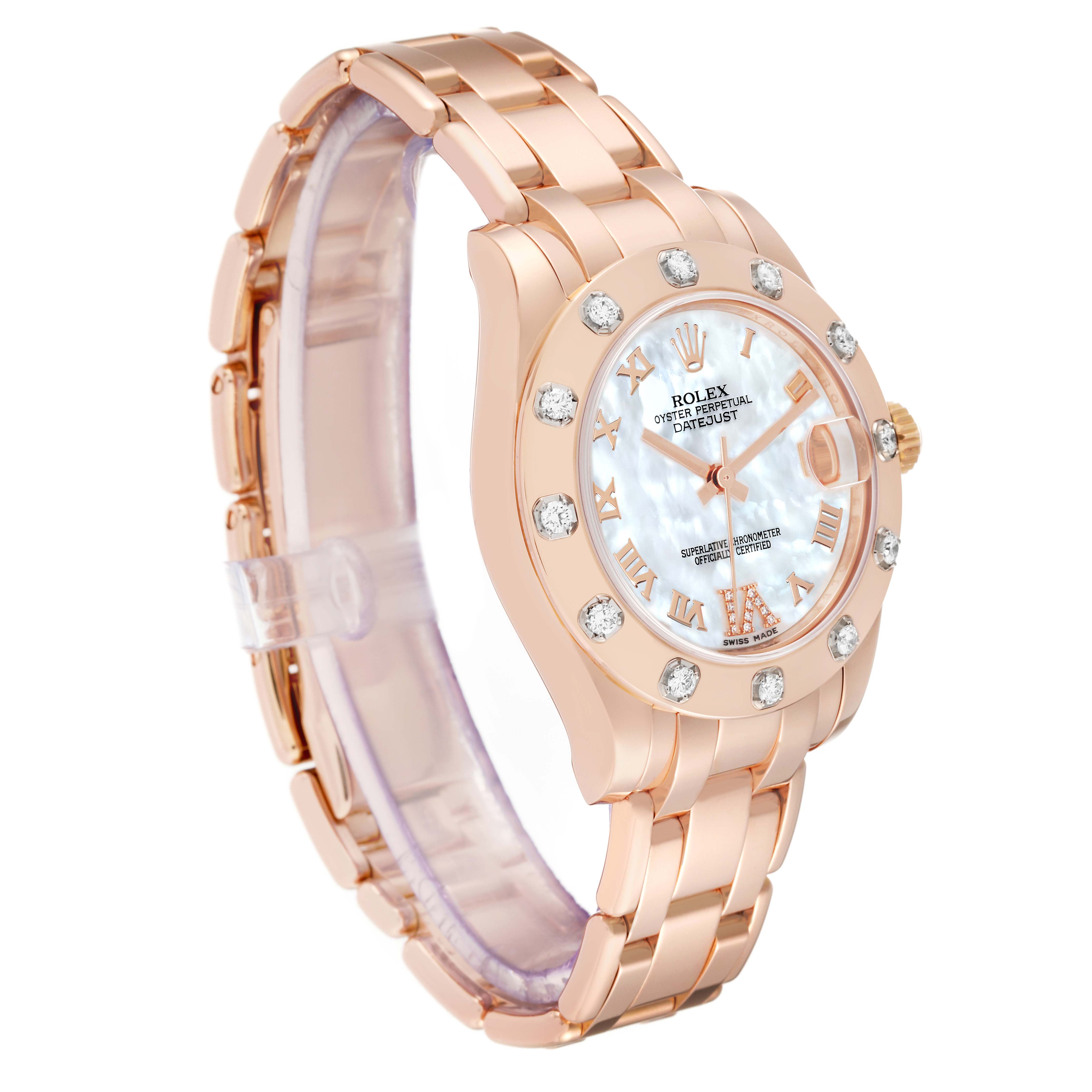 This Rolex Pearlmaster 81315 Women's Rose Gold Mother of Pearl Dial 81315 Women's Rose Gold Mother of Pearl Dial watch is shown at a three-quarter angle, highlighting the face, bezel, and bracelet in rose gold.