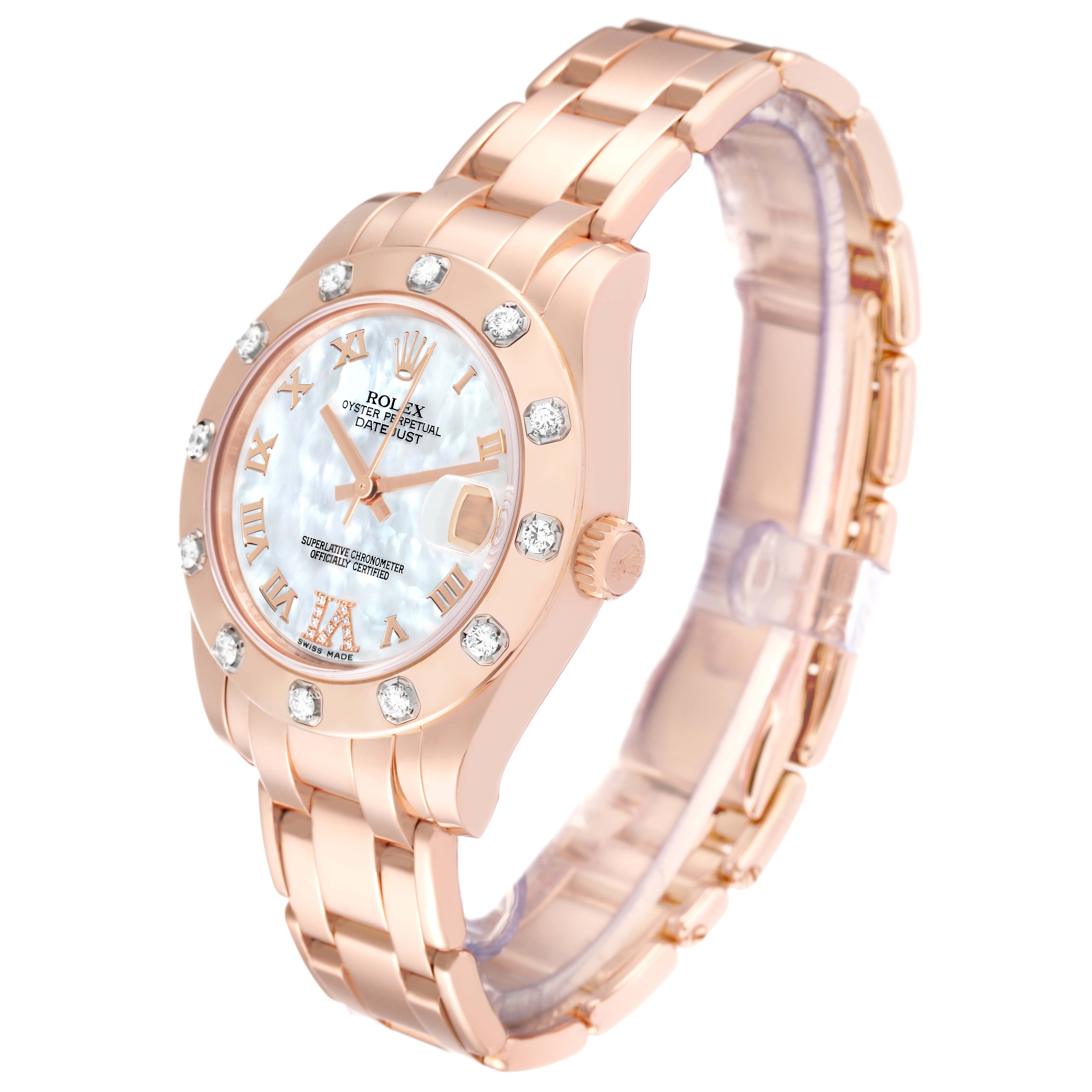 The image shows a Rolex Pearlmaster 81315 Women's Rose Gold Mother of Pearl Dial 81315 Women's Rose Gold Mother of Pearl Dial watch in a three-quarter angled view, highlighting the bezel, dial, and bracelet.