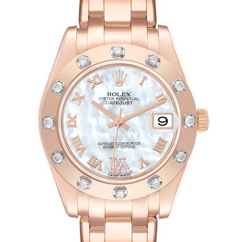 Photo of Rolex Pearlmaster Rose Gold Mother of Pearl Diamond Ladies Watch 81315 Box Card