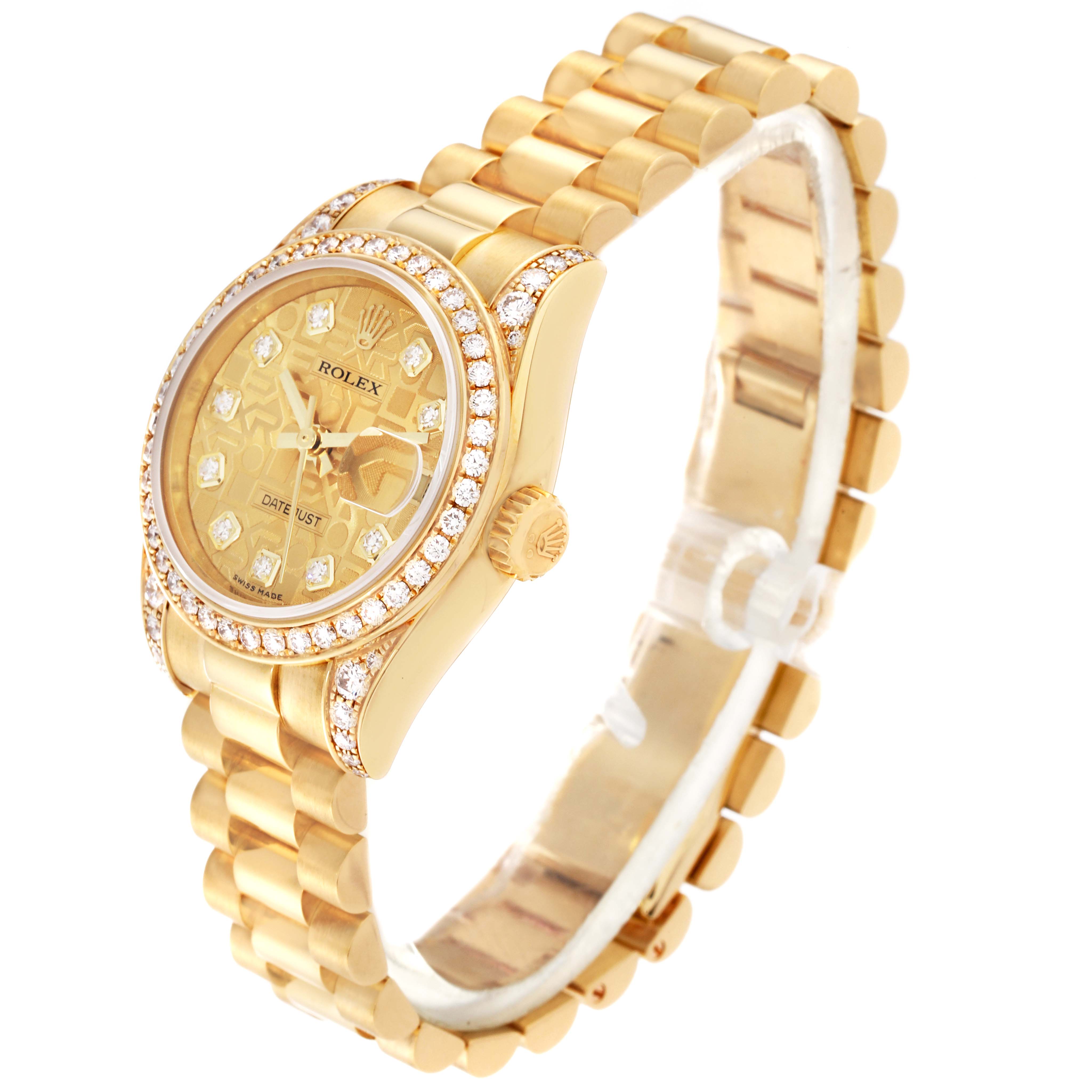 The Rolex President 179158 Women's Yellow Gold Champagne Dial 179158 Women's Yellow Gold Champagne Dial model watch is shown at a three-quarter angle, showing its gold case, link bracelet, and diamond bezel.
