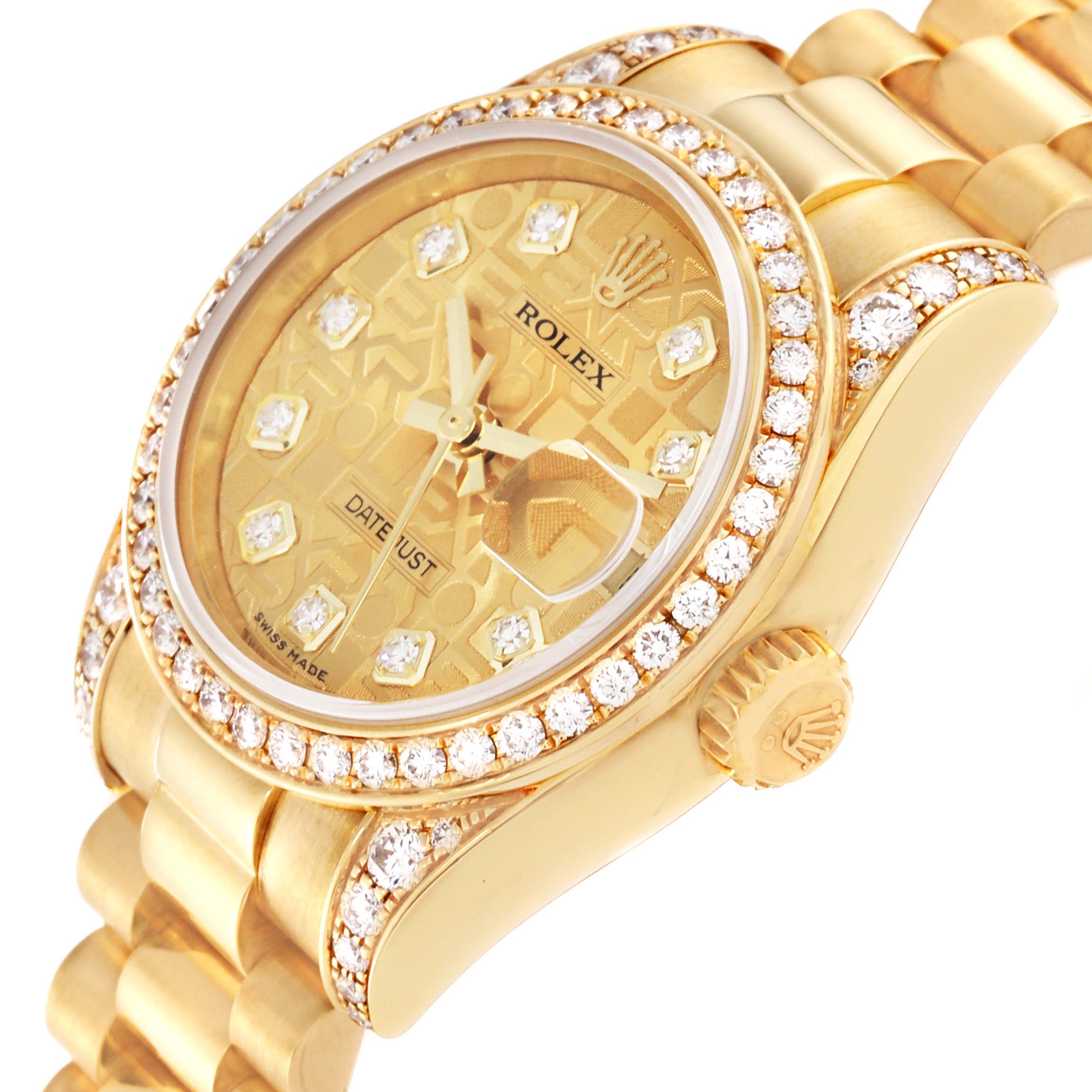 This image shows a close-up, angled view of a Rolex President 179158 Women's Yellow Gold Champagne Dial 179158 Women's Yellow Gold Champagne Dial model watch, highlighting its gold finish, diamond-encrusted bezel, and dial.